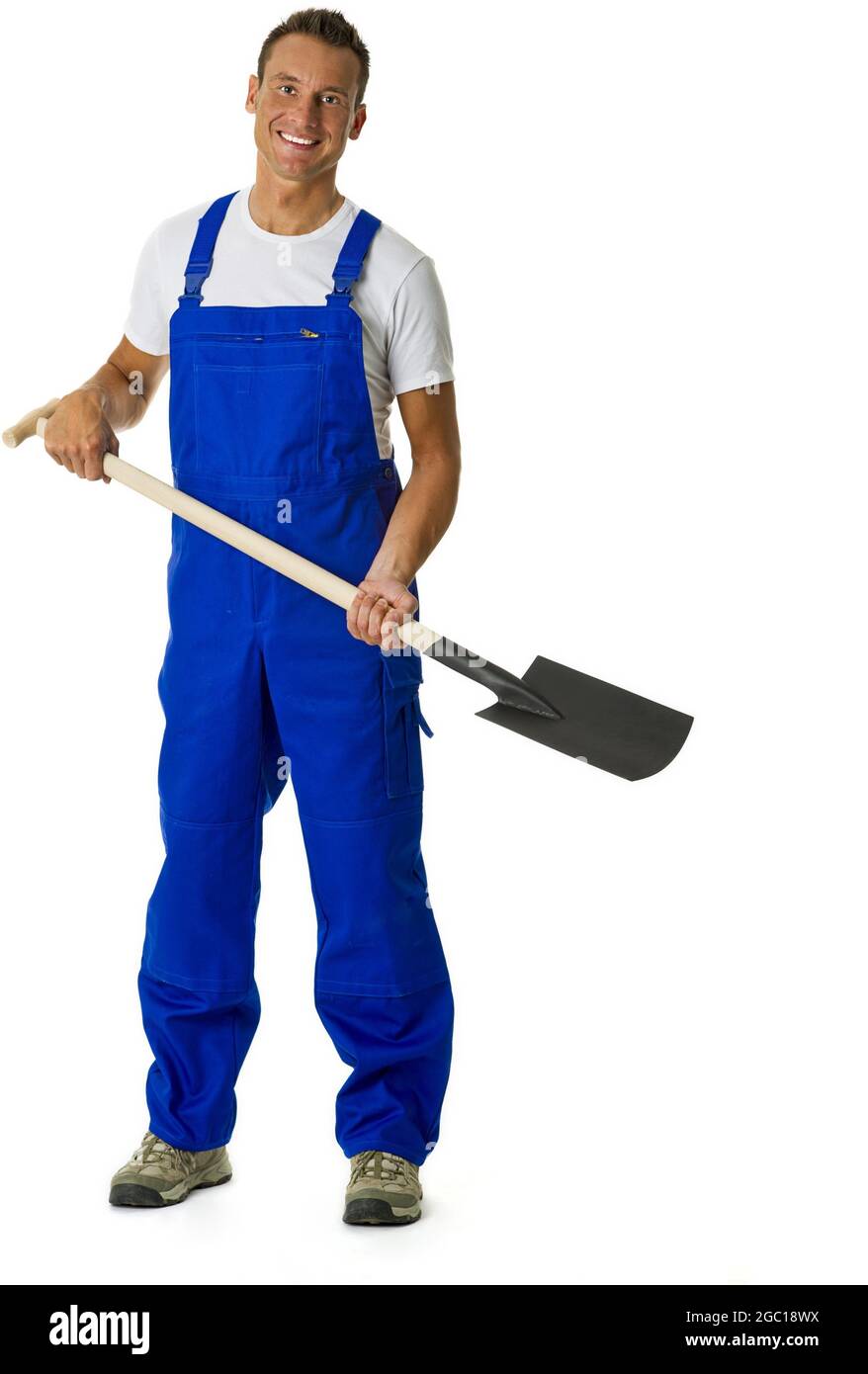 Arbeiter mit blauem Kragen und Spaten Stockfoto