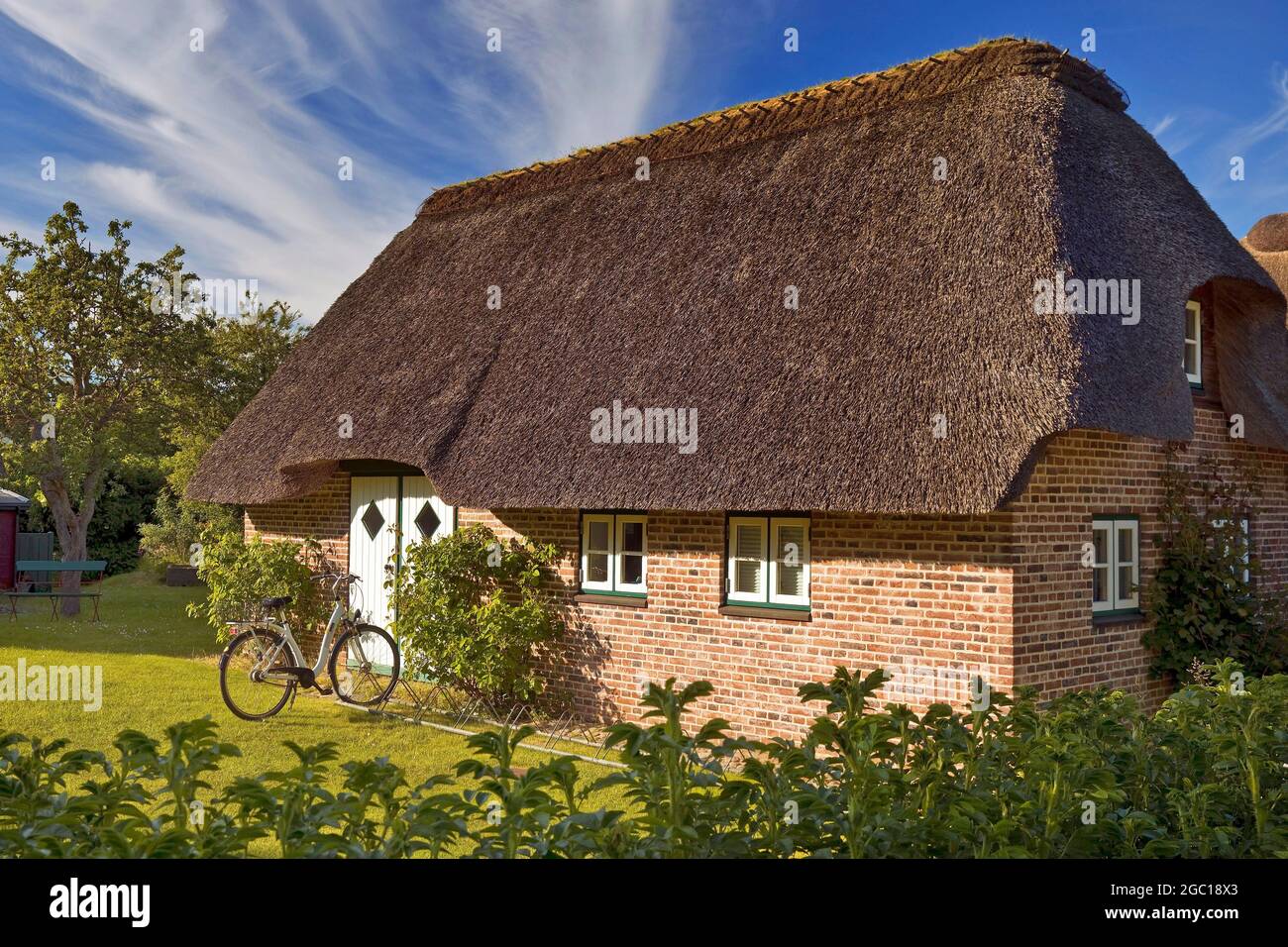 Reetdachhaus, friesisches Haus in Nebel, Deutschland, Schleswig-Holstein, Nordfriesland, Amrum Stockfoto