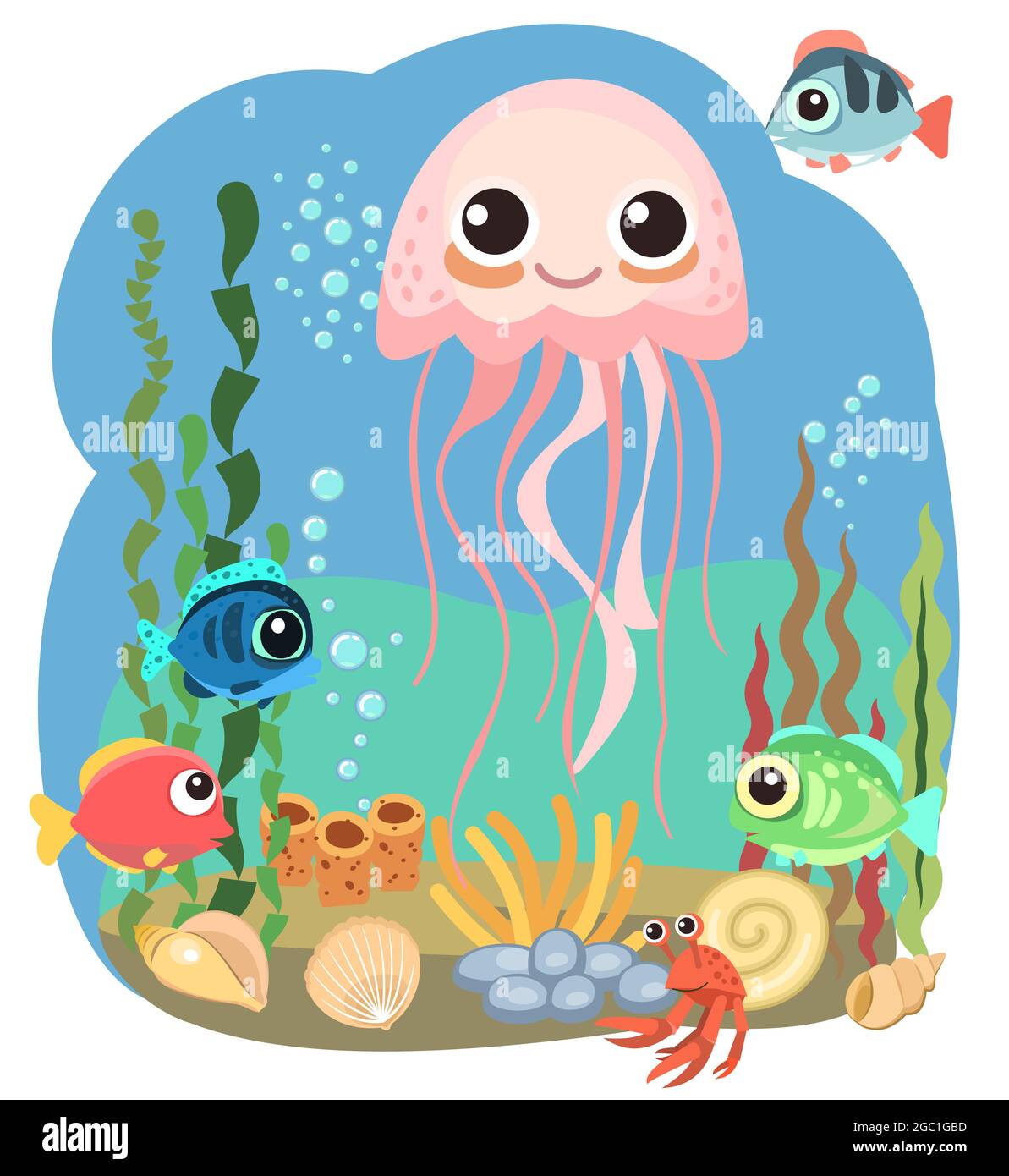 Quallen, kleine Landschaft. Unterwasserwelt. Wilde Tiere. Meer, Meer. Sommerwasser. Isoliert auf weißem Hintergrund. Illustration im Cartoon-Stil Stock Vektor