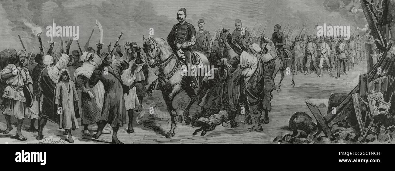 Ägypten. Militärische Intervention und Eroberung Ägyptens durch die Briten. Der ägyptische Staatschef Ahmed 'Urabi oder Ahmed Orabi (1841-1911), der seine Truppen anführte, auf dem marsch zum befestigten Lager von Kafr Dowar. Zeichnung von Juan Comba. Gravur. La Ilustración Española y Americana, 1882. Stockfoto