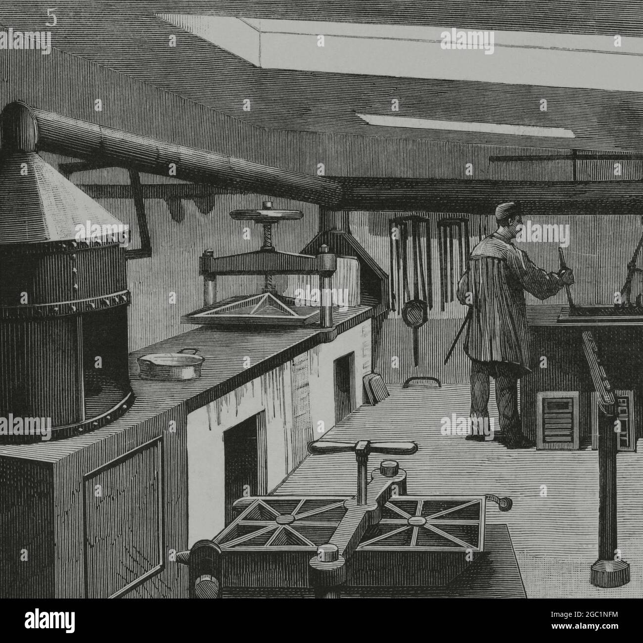 Spanien, Madrid. Neue typografische Einrichtung der 'Sucesores de Rivadeneyra', am Paseo de San Vicente. Abteilungen für den Einsatz von Galvanik- und Stereotypisierungsmethoden. Gravur. La Ilustración Española y Americana, 1882. Stockfoto