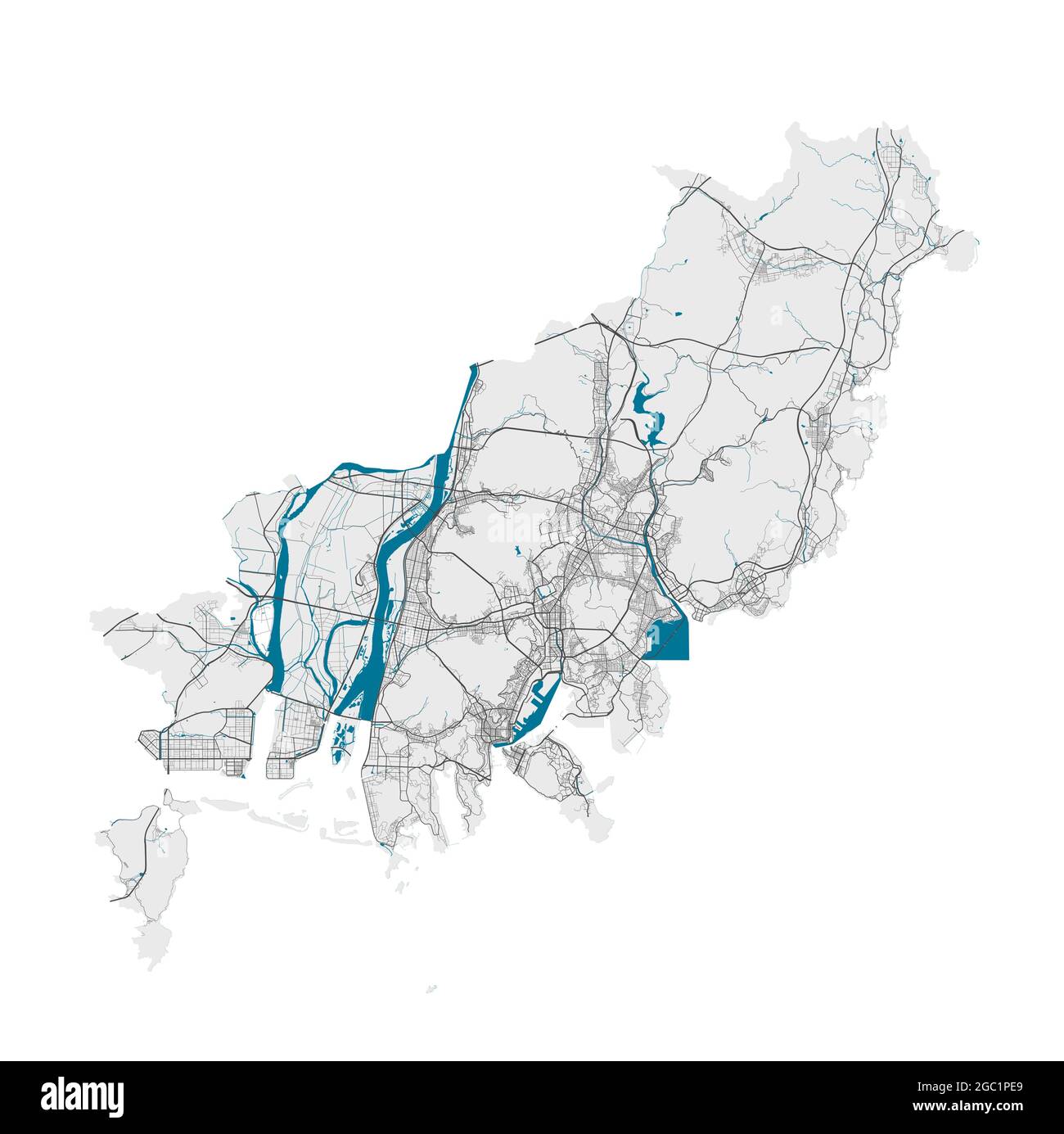 Busan-Karte. Detaillierte Karte des Verwaltungsgebiets der Stadt Busan. Stadtbild-Panorama. Lizenzfreie Vektorgrafik. Übersichtskarte mit Autobahnen, Straßen, r Stock Vektor