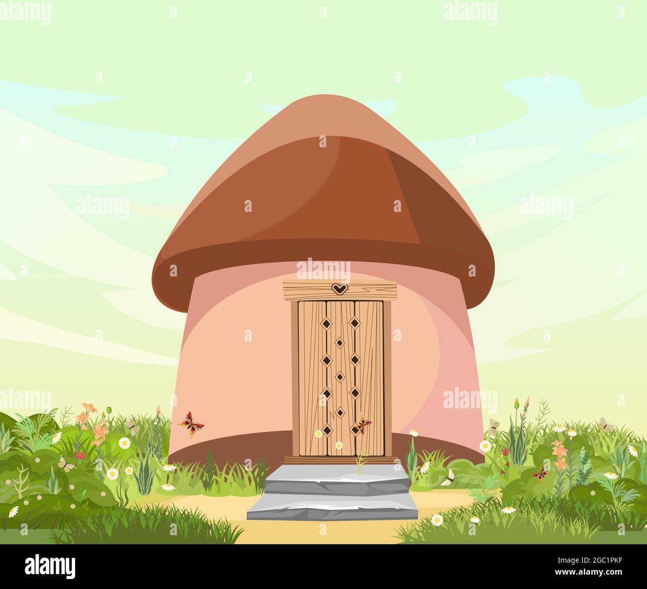 Fabelhaftes lustiges Haus auf der Lichtung. Braunes Dach. Graswiese. Schöne Cartoon Landschaft Illustration. Holztür. Nettes Baby Bild. Vektor Stock Vektor