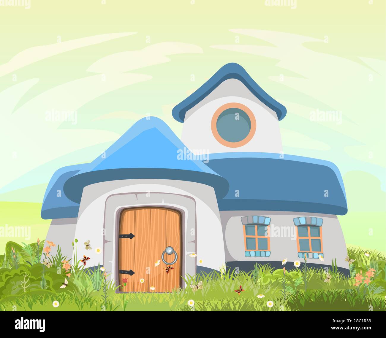 Fabelhaftes lustiges Haus auf der Lichtung. Blaues Dach. Graswiese. Schöne Cartoon Landschaft Illustration. Holztür und Fenster. Nettes Baby Bild Stock Vektor