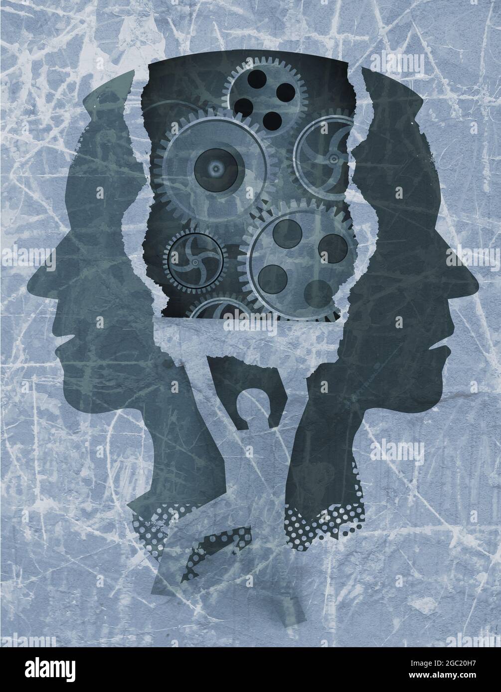 Psychiatrische Untersuchung von Schizophrenie. Stilisierte männliche Kopf Silhouetten und männliche Silhouette ripping blauen Papier Hintergrund mit Zahnrad. Stockfoto