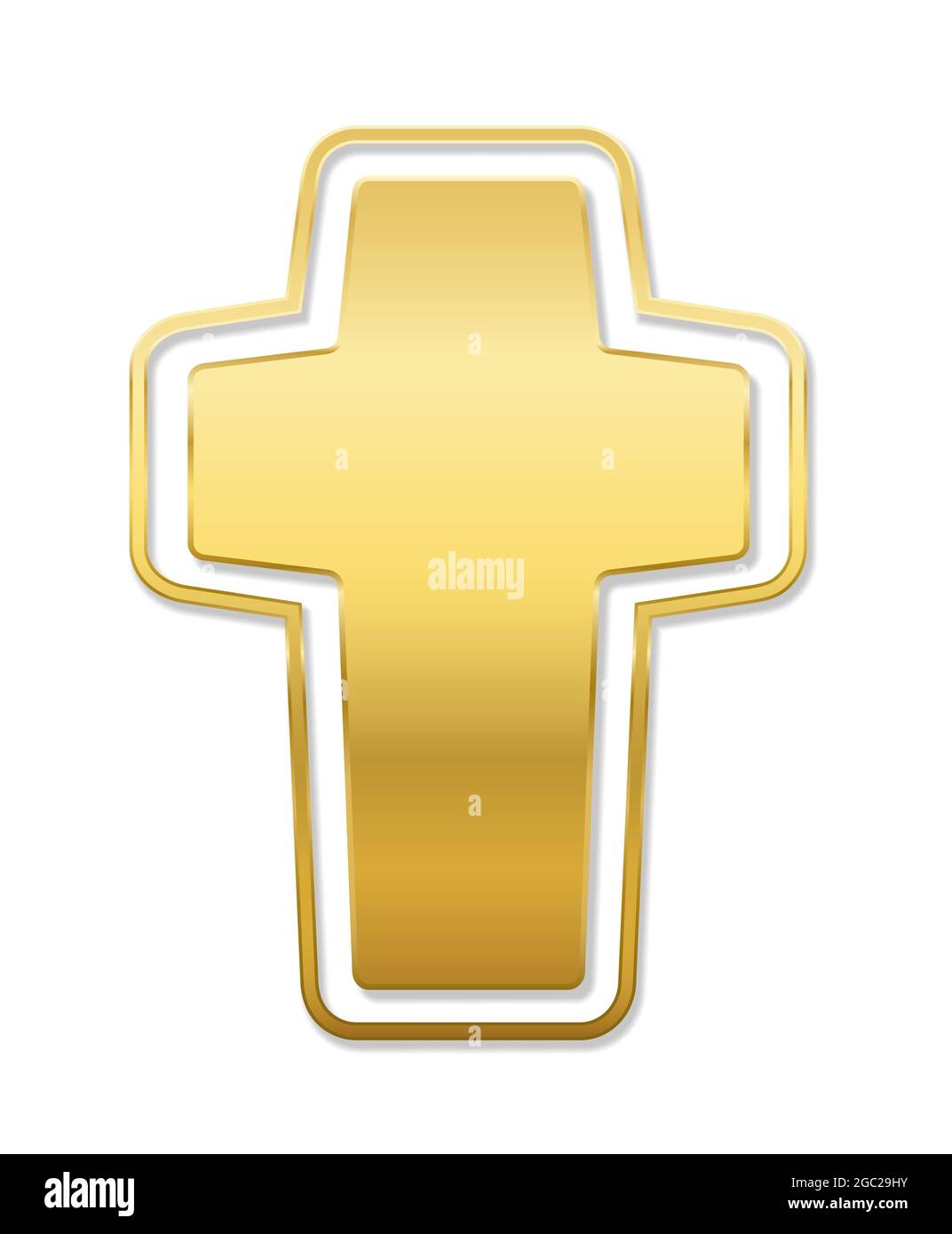 Christliches Kreuz, goldfarbener Kruzifix-Anhänger - Symboldarstellung auf weißem Hintergrund. Stockfoto