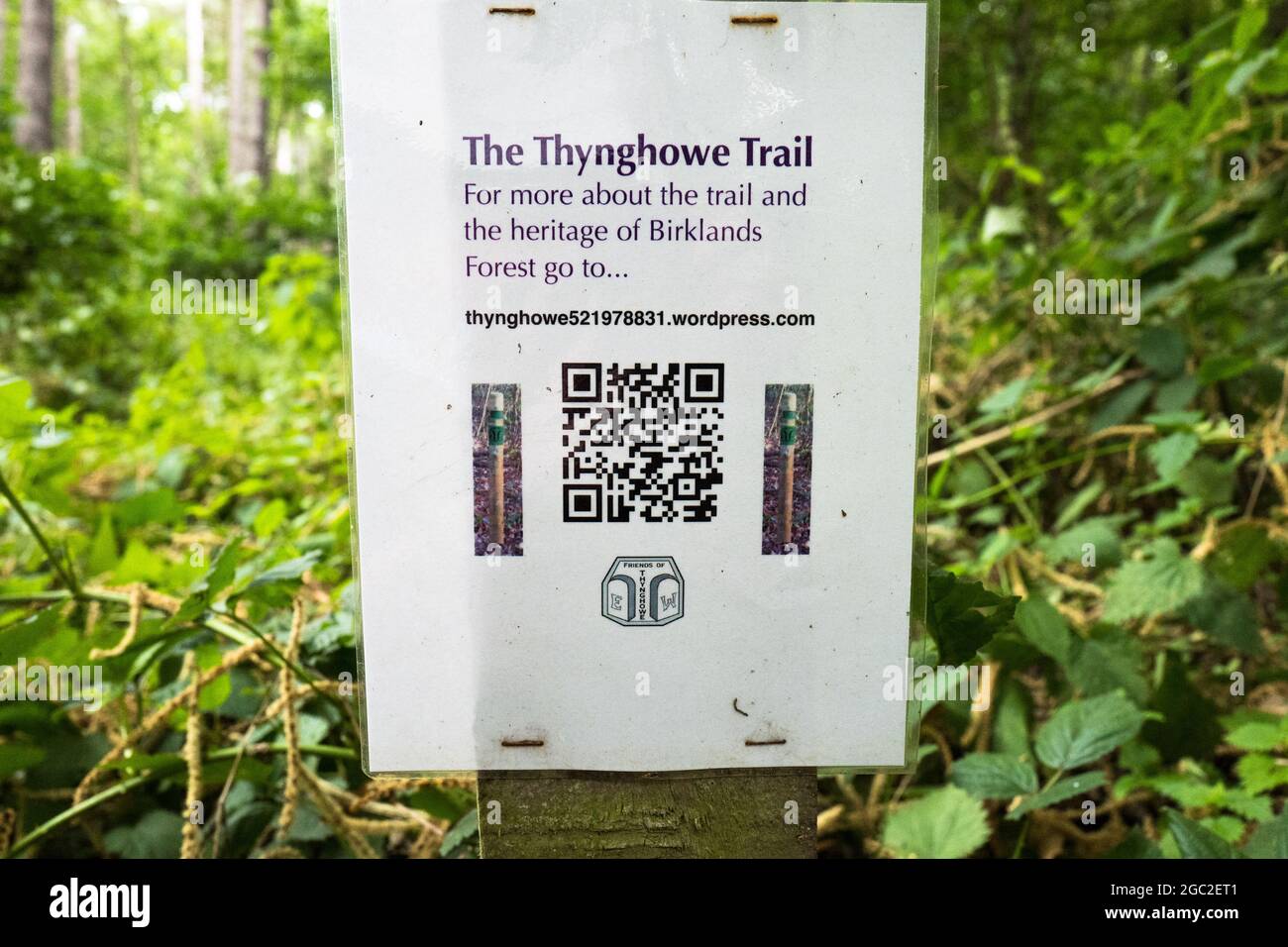 QR-Schild für den Thynghowe Trail. Ein historischer Pfad oder ein Spaziergang durch den Sherwood Forest. Stockfoto