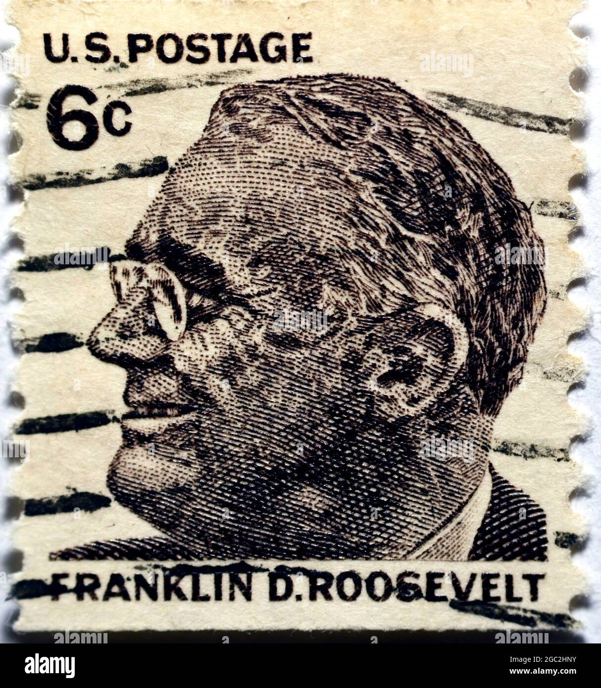 Eine in den USA gedruckte Briefmarke zeigt das Porträt von Franklin Delano Roosevelt FDR (1882-1945), dem 32. Präsidenten der Vereinigten Staaten von Amerika, Value Stockfoto