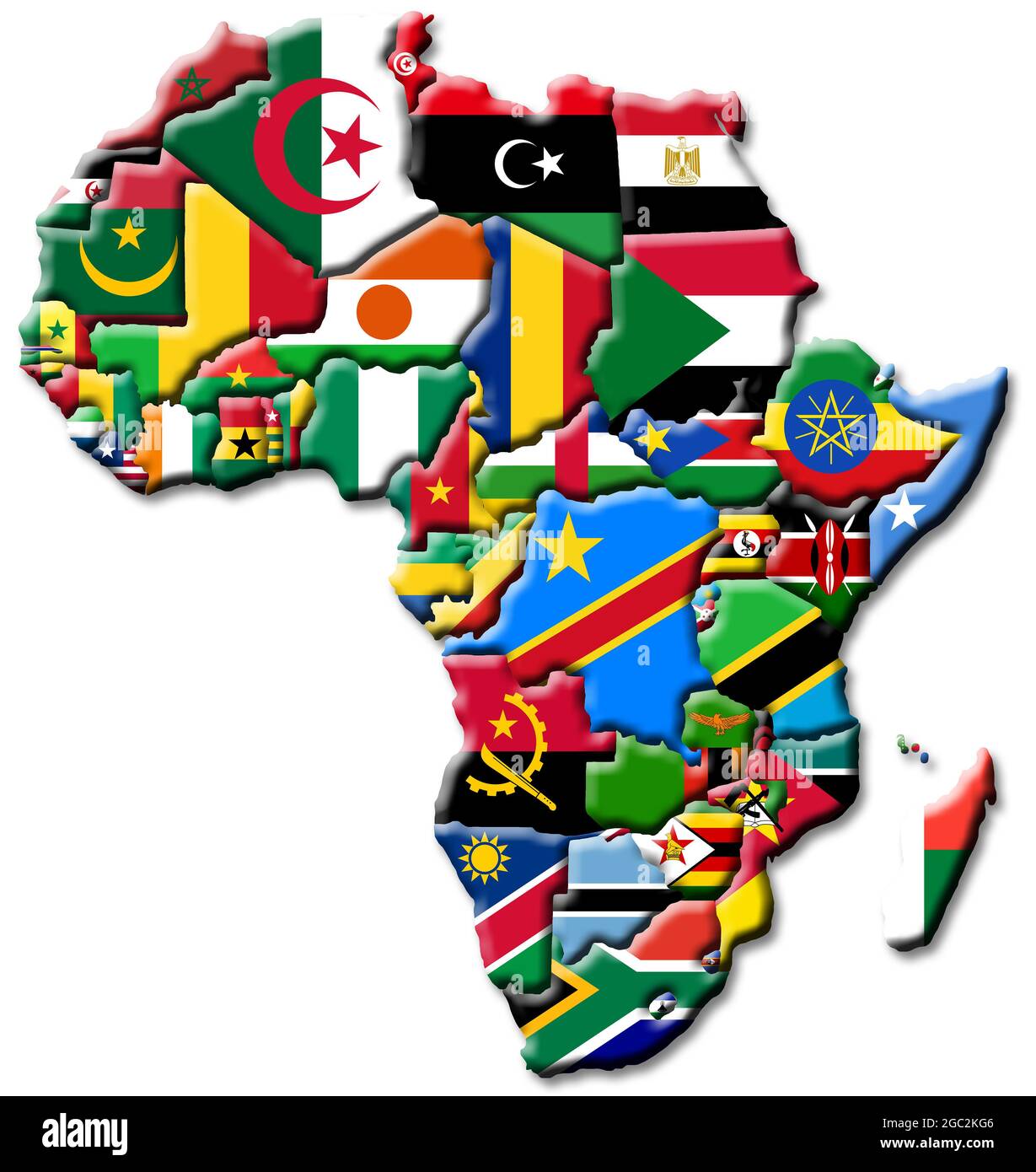 3D-Karte von Afrika aus den Flaggen der Nation Stockfoto