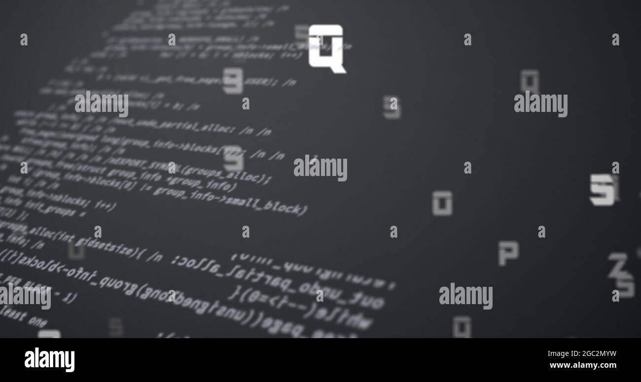 Digitales Bild mehrerer sich ändernder Zahlen und Alphabete gegen die Datenverarbeitung auf grauem Backgro Stockfoto