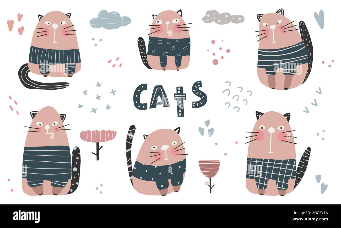 Sammlung niedliche Katze Hand zeichnen Vektor Illustration Charakter Doodle Cartoon-Stil. Stock Vektor