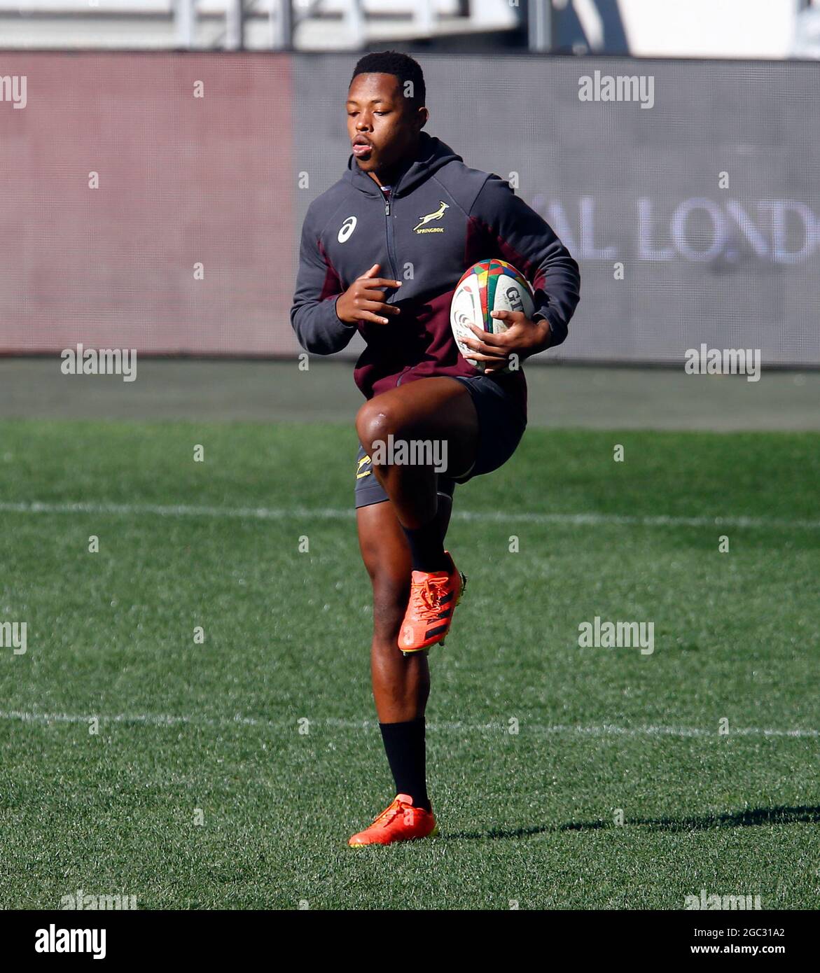 Südafrikas SBU Nkosi während einer Trainingseinheit im Cape Town Stadium, Südafrika. Bilddatum: Freitag, 6. August 2021. Stockfoto