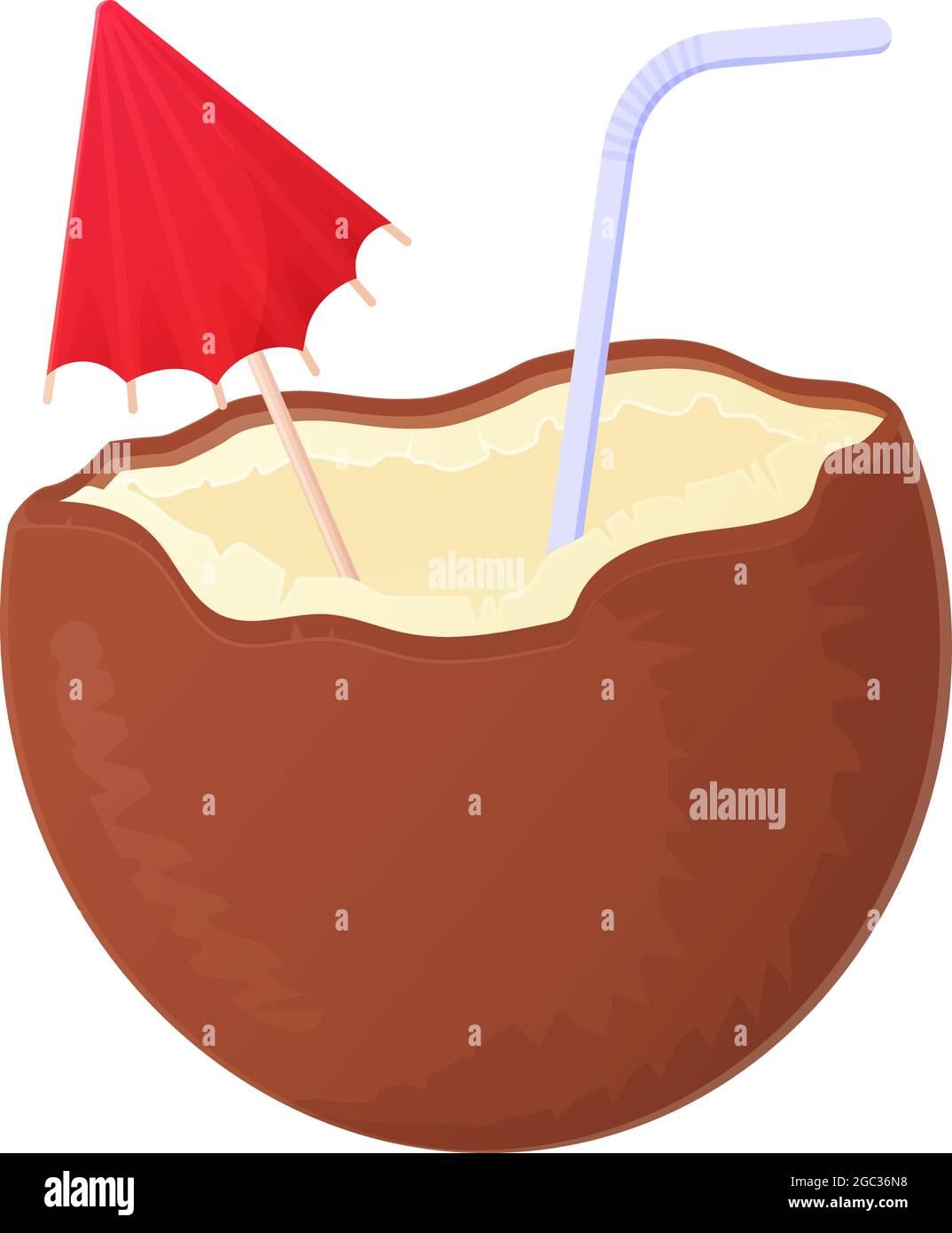 Kokosnuss-Cocktail Pina Colada mit Stroh und Regenschirm. Illustration im Cartoon-Stil. Stock Vektor