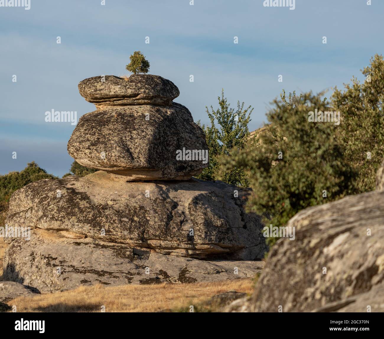 Riesiger Felsblock mit Baum oben, langer Schuss Stockfoto