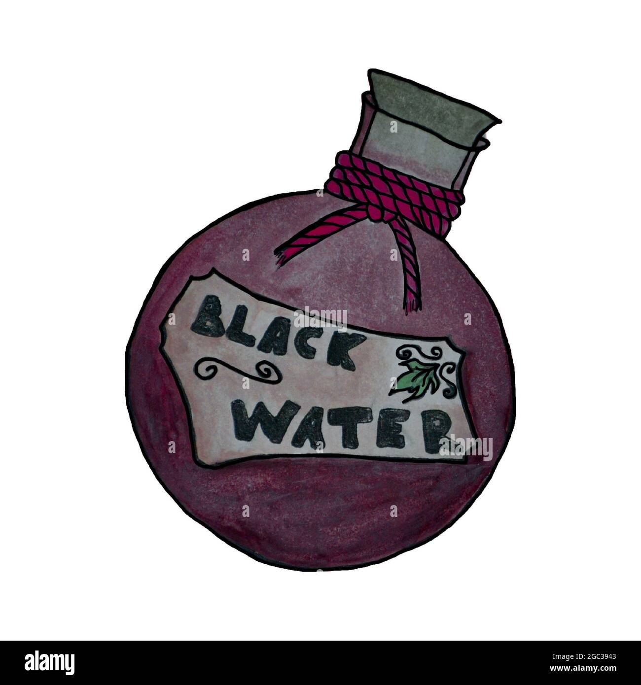 Magisch gefärbte Flasche Hexenflüssigkeit für Mystery-Prozess von Hand durch Aquarell gezeichnet. Auf weißem Hintergrund für die Einrichtung Stockfoto
