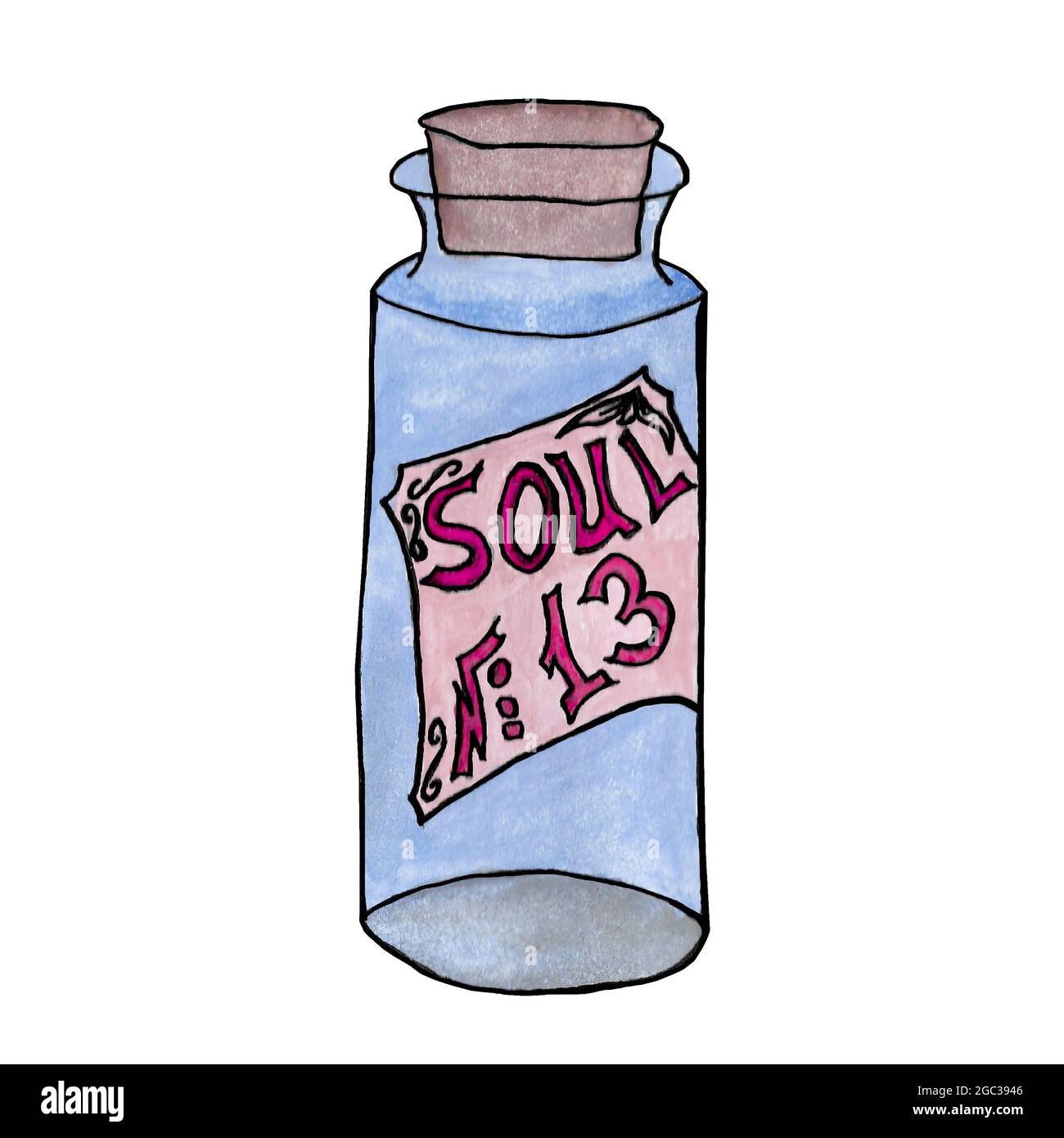 Soul # 13. Magisch gefärbte Flasche Hexenflüssigkeit für Mystery-Prozess von Hand durch Aquarell gezeichnet. Auf weißem Hintergrund für die Einrichtung Stockfoto