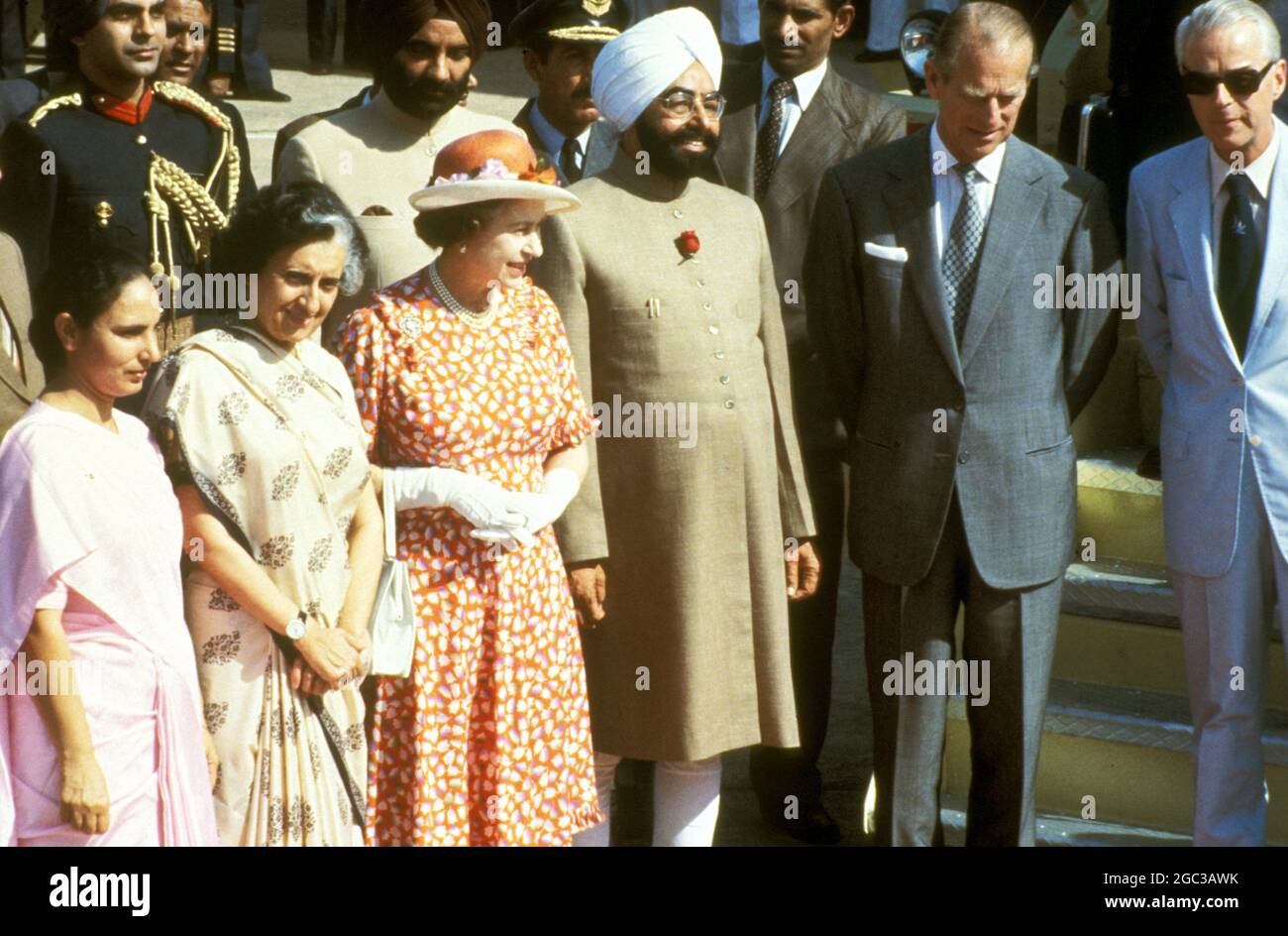 Königin Elizabeth II. Und Prinz Philip in Indien mit Indira Gandhi im Jahr 1983 - Stockfoto
