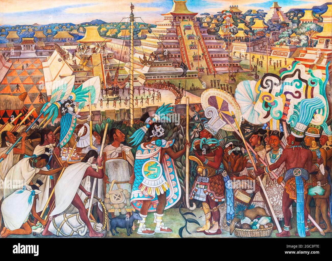 Feste und Zeremonien der Totonac-Zivilisation, Wandgemälde von Diego Rivera im Inneren des Präsidentenpalastes, Mexiko-Stadt, Mexiko. Stockfoto