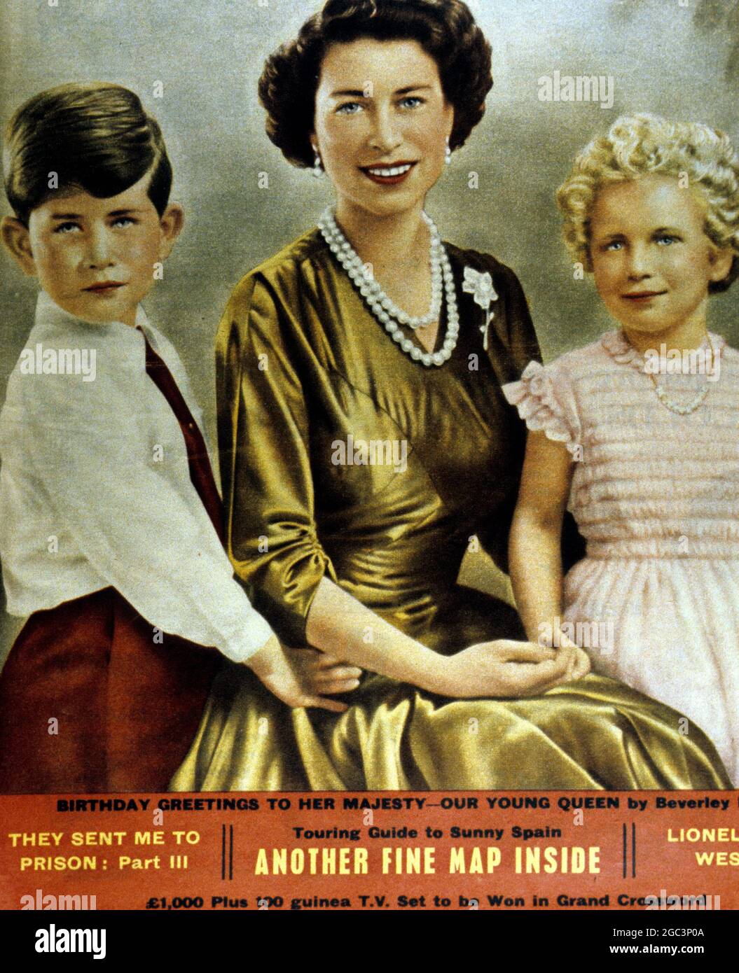 Königin Elizabeth II. Mit ihren Kindern, Prinz Charles und Prinzessin Anne. 1955 Stockfoto