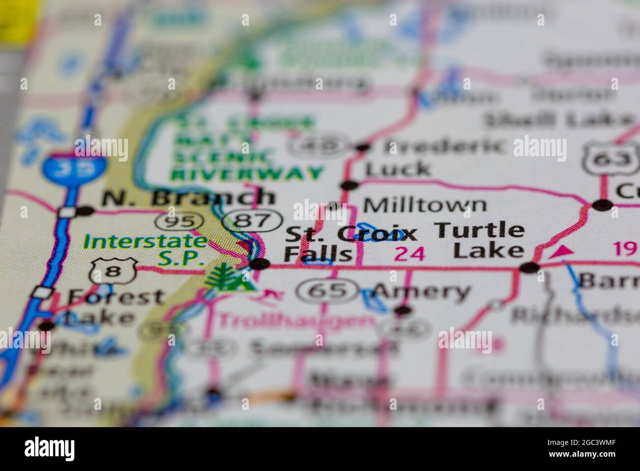 St Croix Falls Wisconsin USA auf einer Straßenkarte oder Geographie-Karte angezeigt Stockfoto