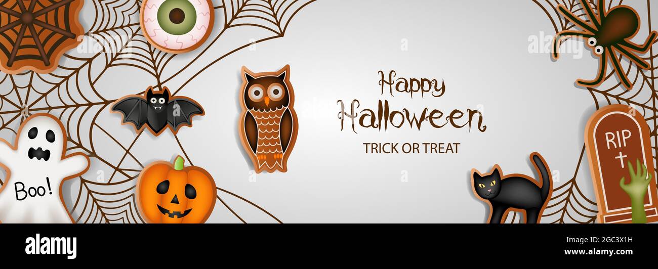 Fröhliches halloween-Banner mit Lebkuchenplätzchen und Spinnweben Stock Vektor