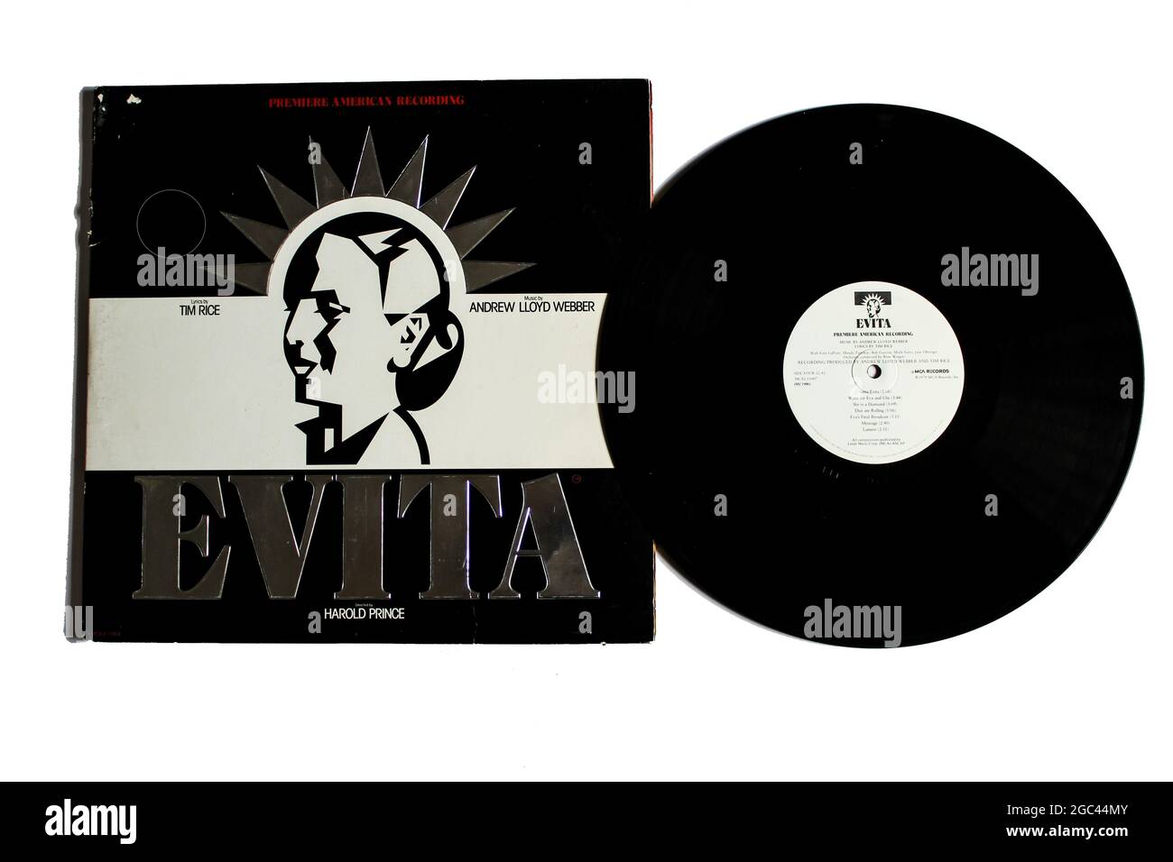 Evita ist ein Musical mit Musik von Andrew Lloyd Webber und Texten von Tim Reis. Auf Vinyl-Schallplatte. Albumcover, Broadway Stockfoto