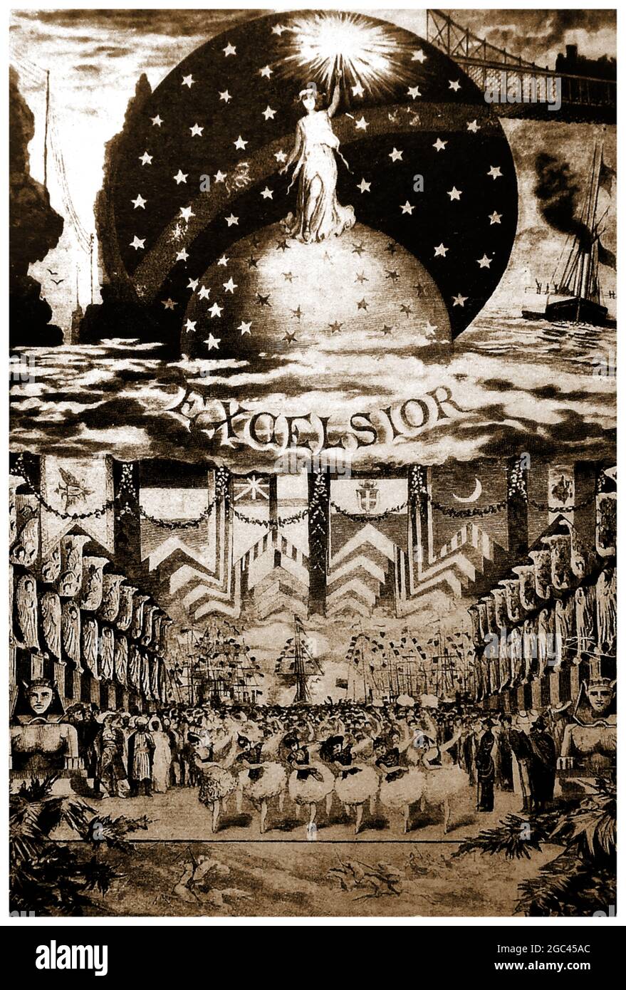 Ein Plakat aus dem Jahr 1949, auf dem eine Aufführung des Ballet EXCELSIOR, einer Arbeit des italienischen Pantomimen-Tänzers und Choreografen Luigi Manzotti (1835 – 1905), dargestellt wird, der 1858 sein erstes Ballett schuf und weitere Produktionen auf der ganzen Welt aufführen ließ. Am besten in Erinnerung für seine Choreographie des Balletts Excelsior (1881) mit Musik von Romualdo Marenco. Das international thematisierte Ballett feiert den Bau der Brooklyn Bridge, die Entdeckung der elektrischen Batterie durch Alessandro Volta, die Erfindung des Telegrafen, die Eröffnung des Suezkanals, den Panamakanal, das Bergtunnelgebäude usw. Stockfoto
