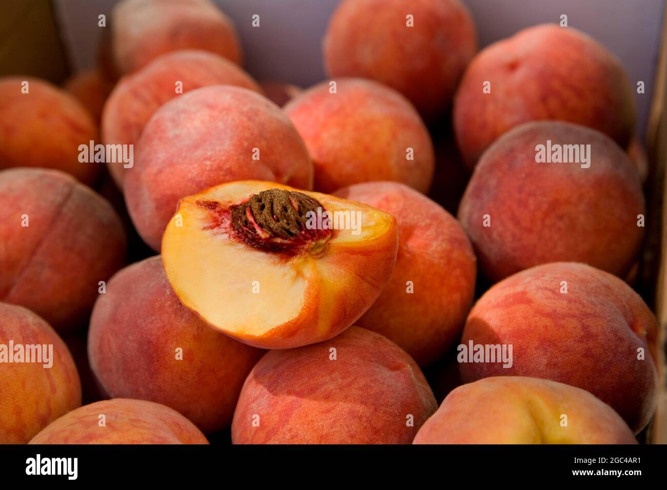 Schachtel Pfirsiche Farmers Market CO Stockfoto