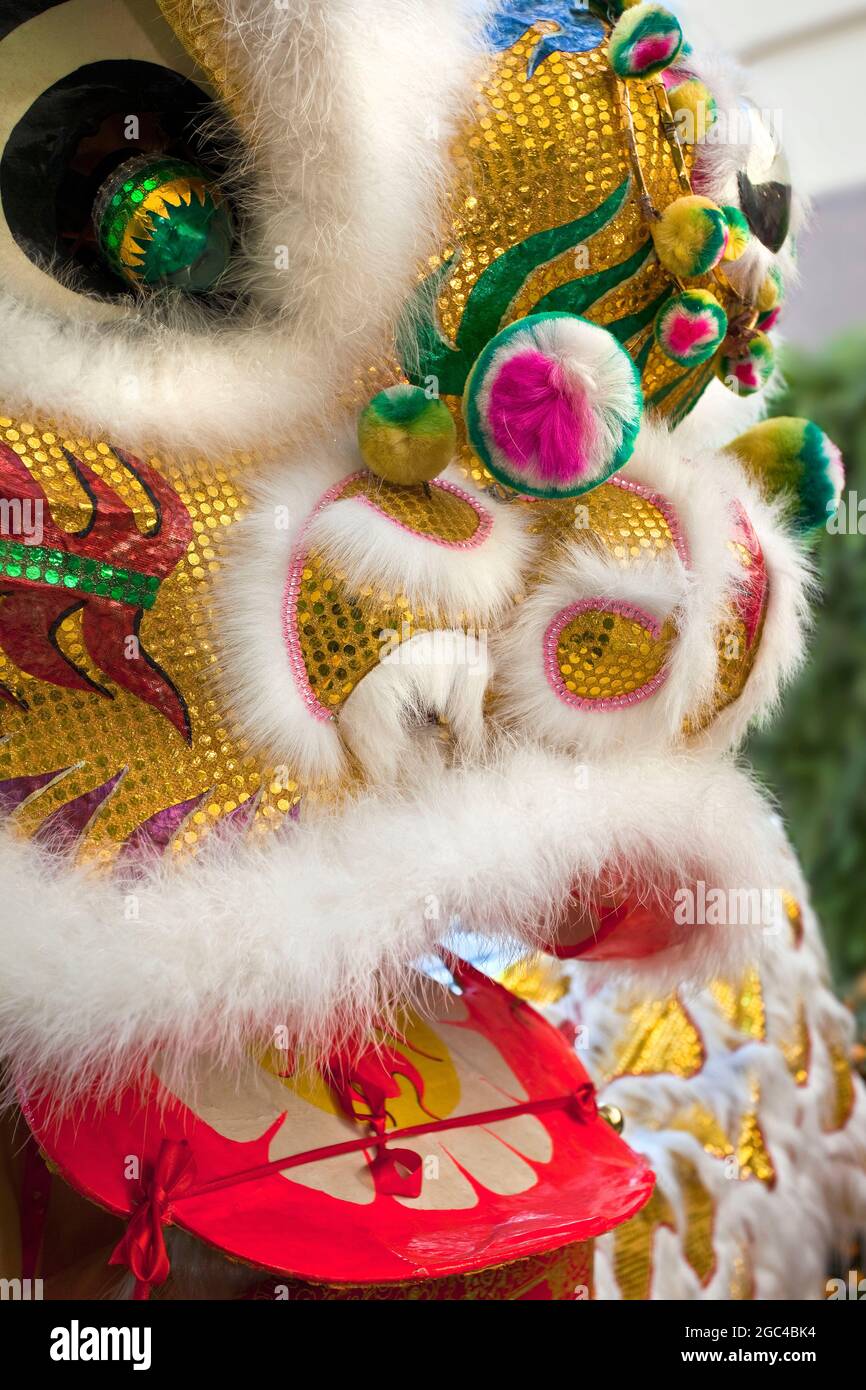Nahaufnahme des Löwentänzerkopfkostüms zur Neujahrsfeier in Hongkong, China Stockfoto