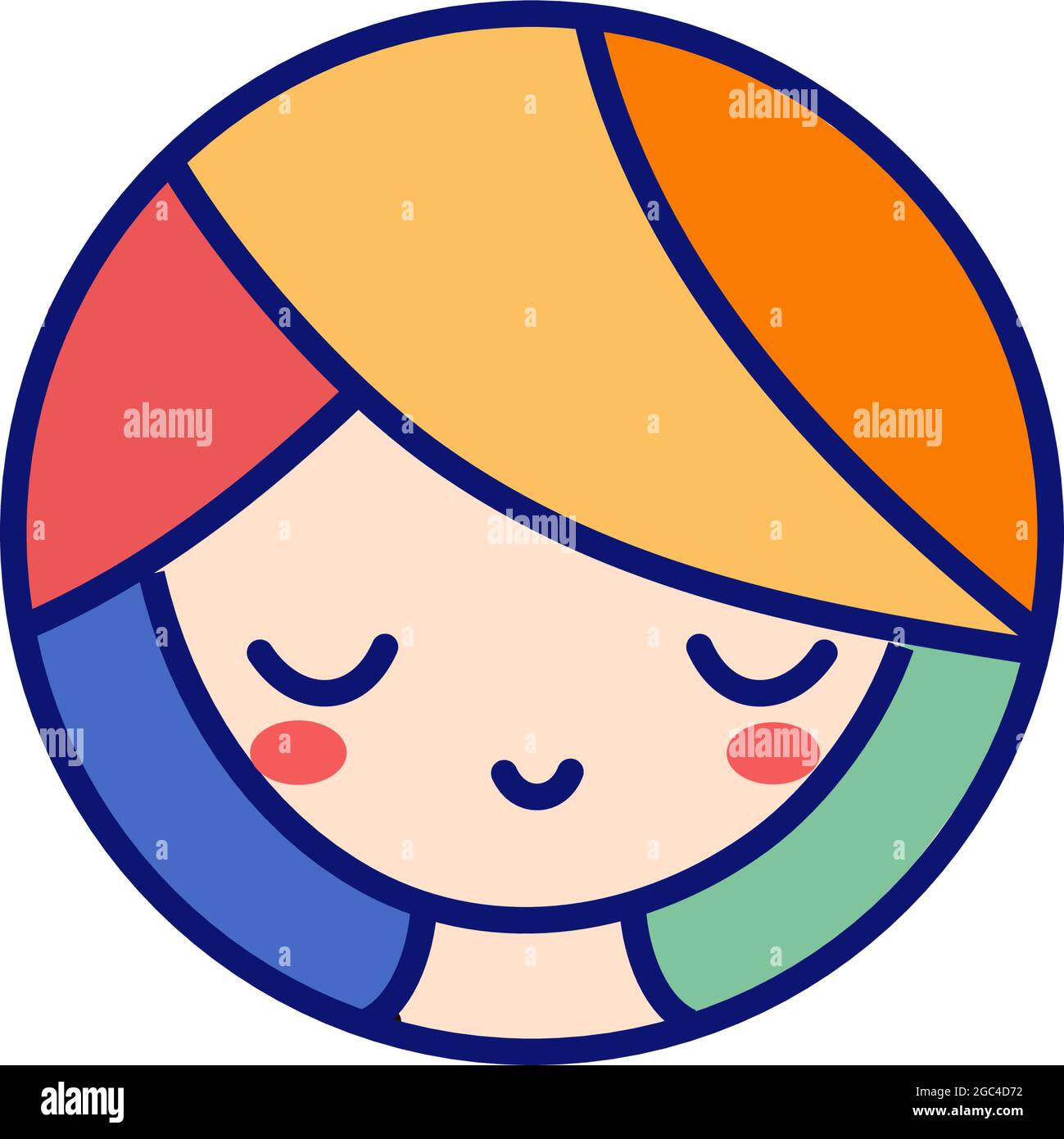 Vektor-Illustration stilisierte Mädchen mit bunten Ohren lächelnd. Rote Wangen, Haare mit blauen, grünen, gelben, roten und orangen Strängen Stock Vektor