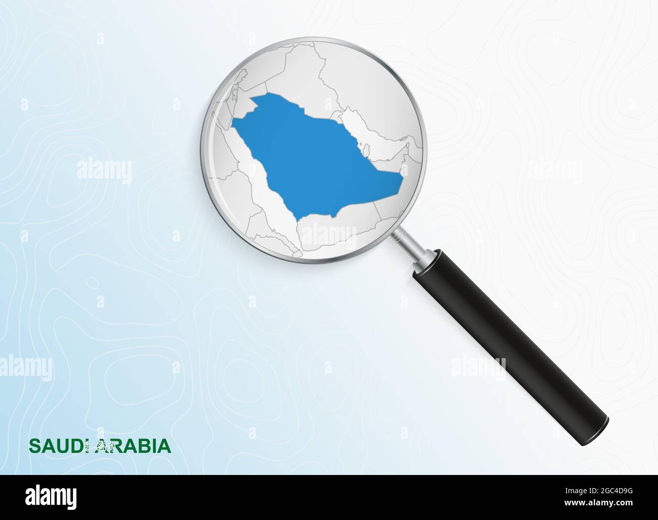 Lupe mit Karte von Saudi-Arabien auf abstraktem topographischen Hintergrund. Vektorkarte. Stock Vektor