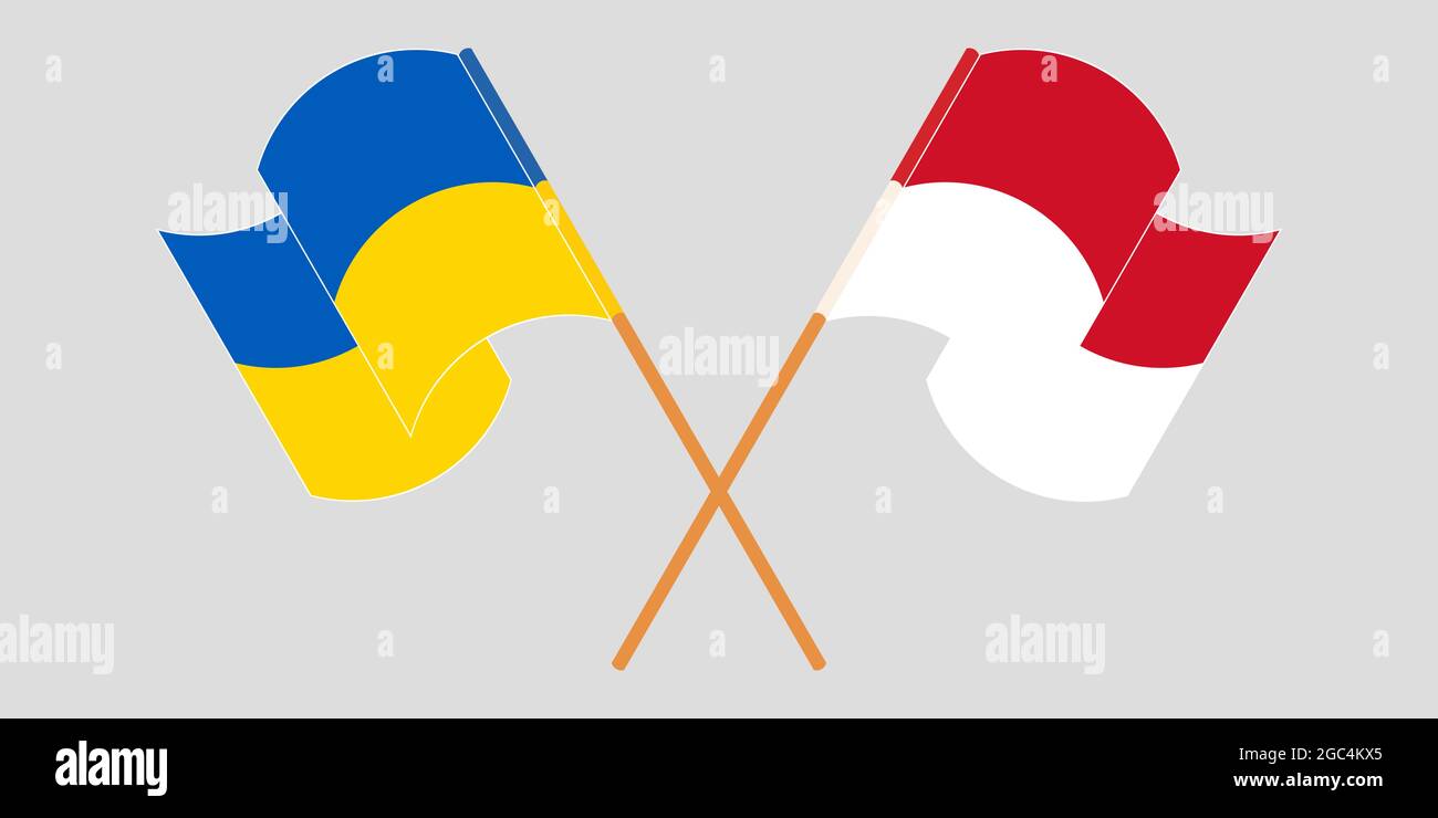 Gekreuzte und winkende Flaggen der Ukraine und Indonesiens Stock Vektor