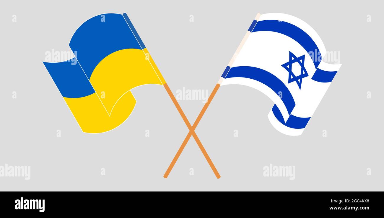 Gekreuzte und winkende Fahnen der Ukraine und Israels Stock Vektor