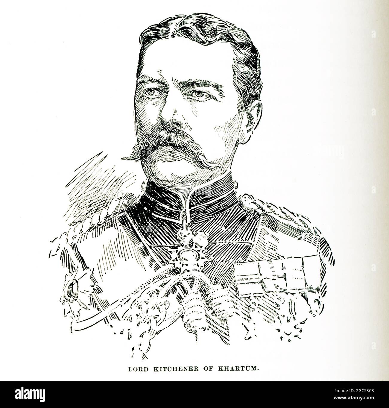 Die Bildunterschrift zu dieser Illustration von 1903 in Gaston Masperos Buch über die Geschichte Ägyptens lautet: „Lord Kitchner of Khartum“. Feldmarschall Horatio Herbert Kitchener (1850-1916) war berühmt für Kolonialsiege im Sudan und Südafrika. Als Oberbefehlshaber der ägyptischen Armee rettete er Khartum 1898 nach einer zweijährigen Schlacht vor den Derwischen des Sudan. Kitchener wurde 1898 durch den Sieg in der Schlacht von Omdurman und die Sicherung der Kontrolle über den Sudan berühmt, danach erhielt er den Titel „Lord Kitchener of Khartoum“. Später half er beim Aufbau der ersten britischen Massenarmee und wurde zur Fac Stockfoto