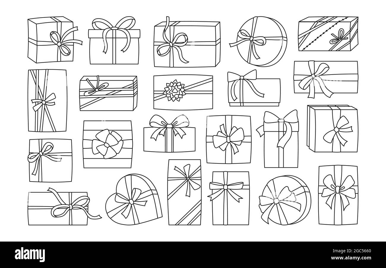 Geschenkschachtel mit Band, Geburtstagsschnur schwarz flach Set. Werbegeschenk, Feiertag Jubiläum Überraschung Geschenk Symbol andere Form. Sale Shopping für Geburtstagsparty, Weihnachten oder Hochzeit Kollektion Stock Vektor