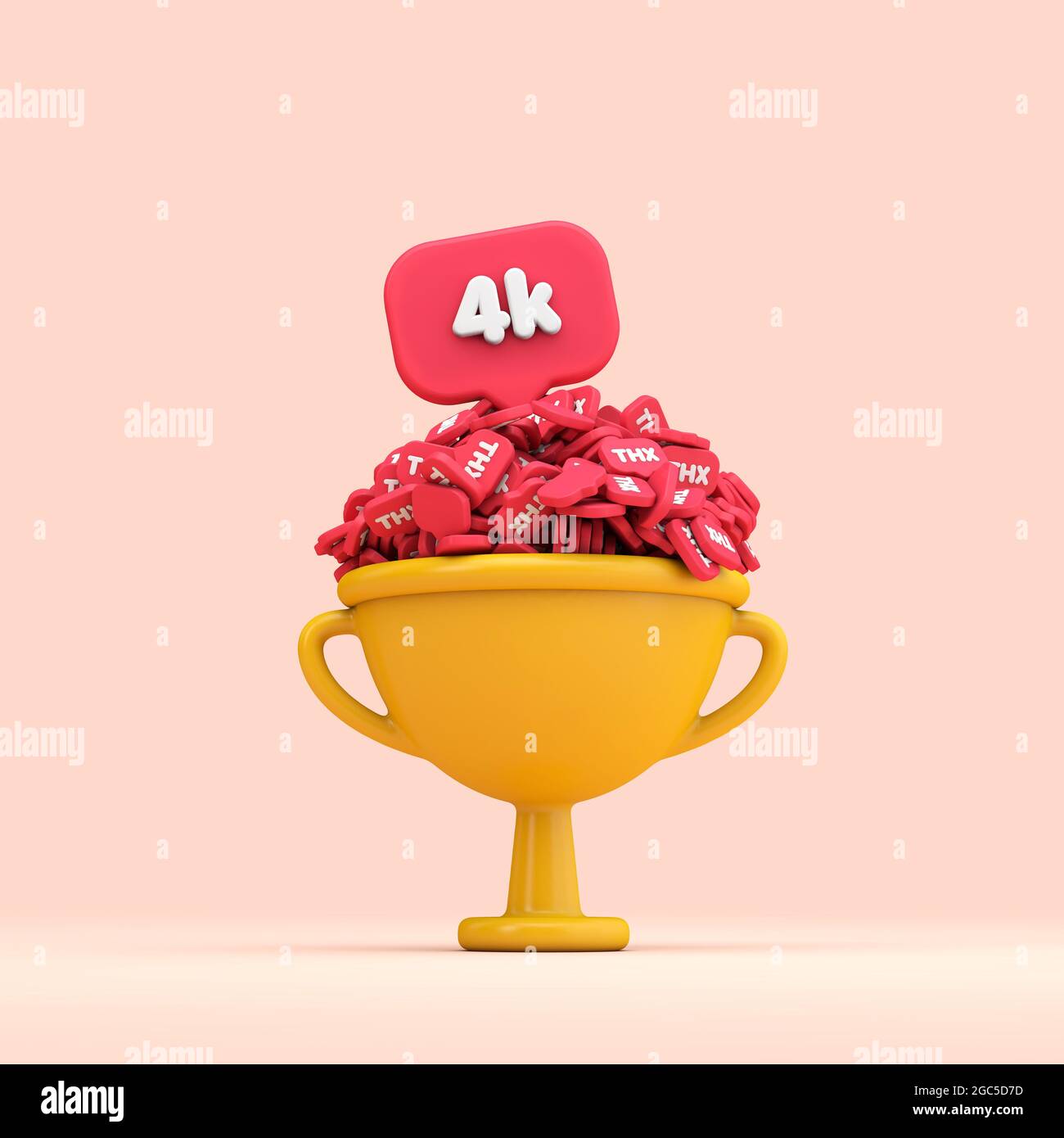 Vielen Dank, dass Sie die Trophäe für die 4k-Fans von Social Media feiern. 3D-Rendering Stockfoto