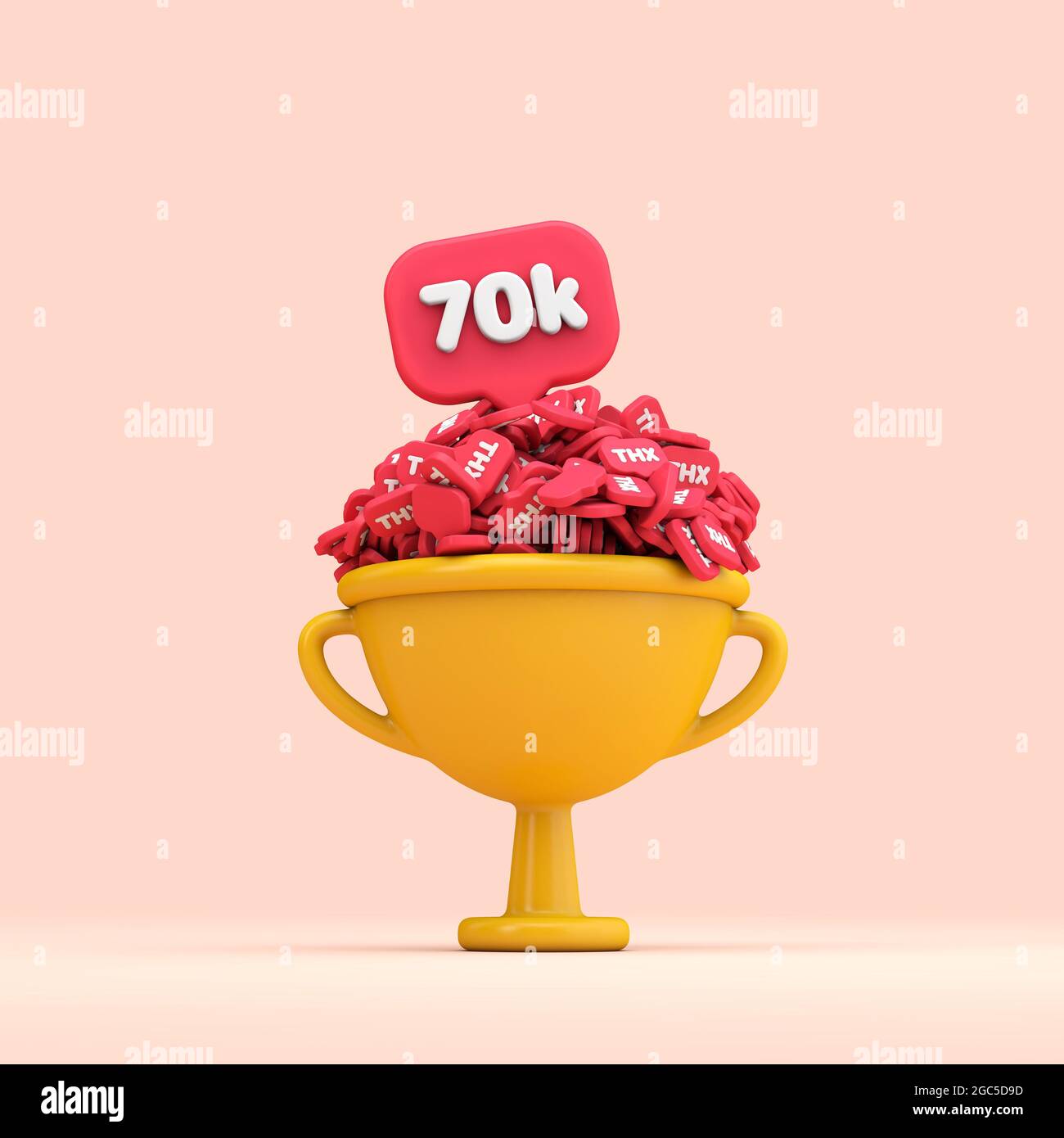 Vielen Dank, dass 70.000 Follower in sozialen Medien die Trophäe feiern. 3D-Rendering Stockfoto