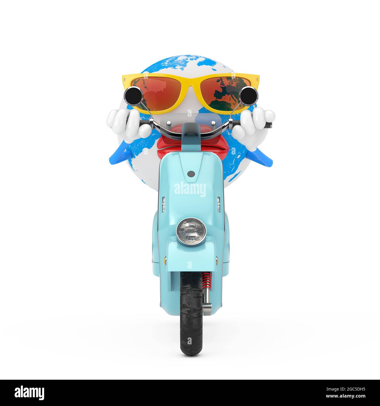 Fun Cartoon Fashion Hipster Schnitt Erde Globus Person Charakter Maskottchen Reiten Classic Vintage Retro oder Elektro-Scooter auf weißem Hintergrund. 3d-Renderi Stockfoto