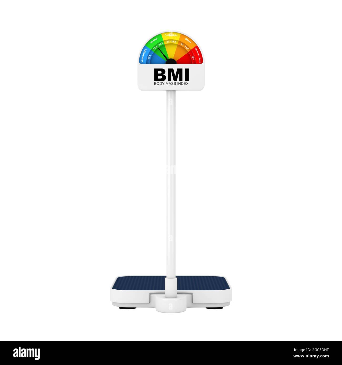 Medizinische Bodenwaage zur Gewichtskontrolle mit BMI- oder Body-Mass-Index-Messgerät auf weißem Hintergrund. 3d-Rendering Stockfoto