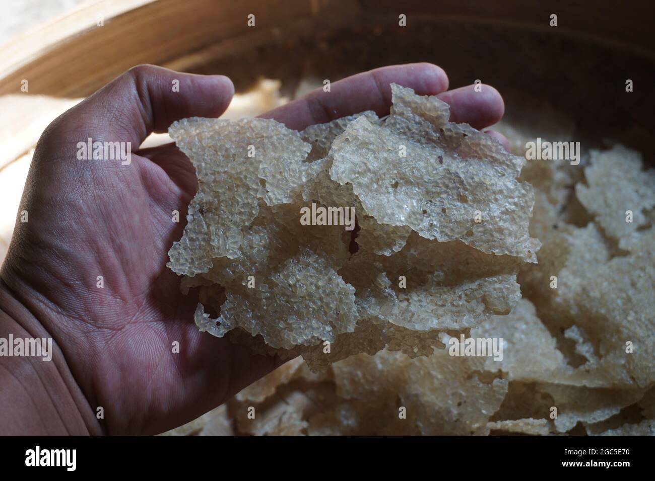 Roher Kerupuk Endar (Puli, Kerupuk Beras, Lempeng Puli) mit natürlichem Hintergrund. Kerupuk Endar aus gebrauchten Reis (Reiskracker) Stockfoto