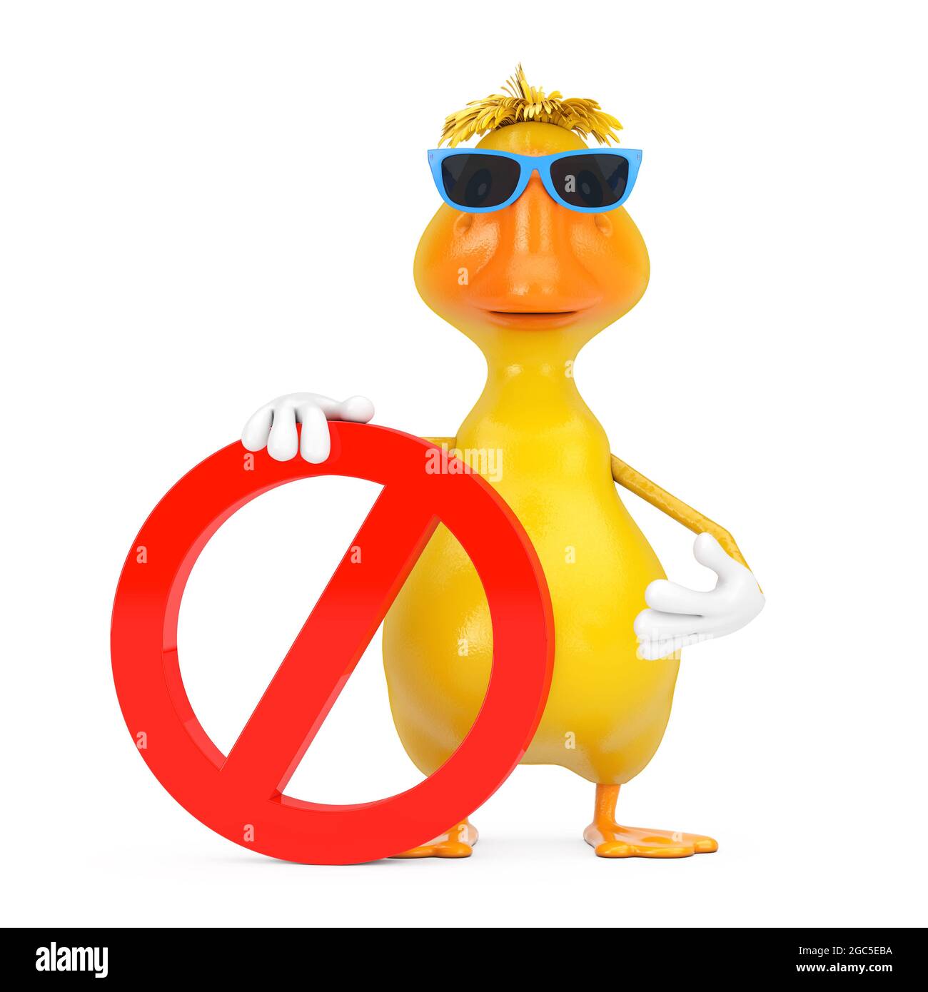 Niedliche gelbe Cartoon Ente Person Maskottchen mit rotem Verbot oder Verbotene Zeichen auf einem weißen Hintergrund. 3d-Rendering Stockfoto