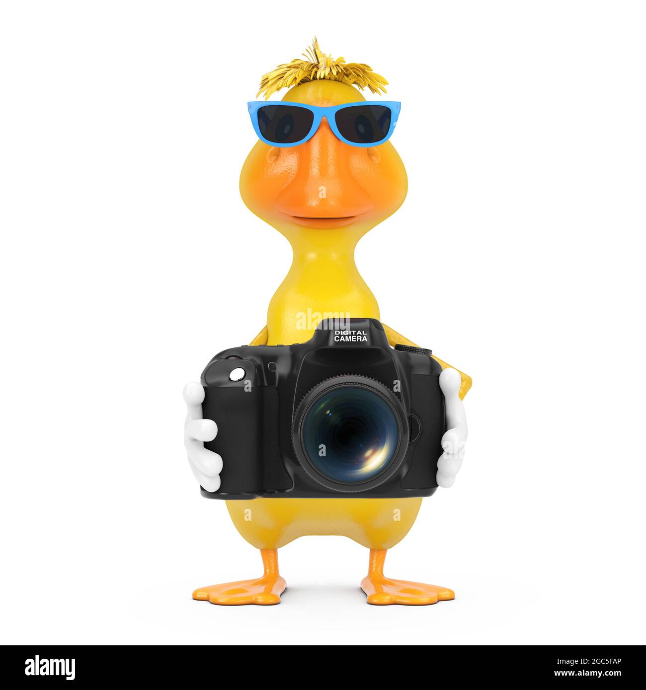 Niedliche gelbe Cartoon Duck Person Figur Maskottchen mit moderner digitaler Fotokamera auf weißem Hintergrund. 3d-Rendering Stockfoto