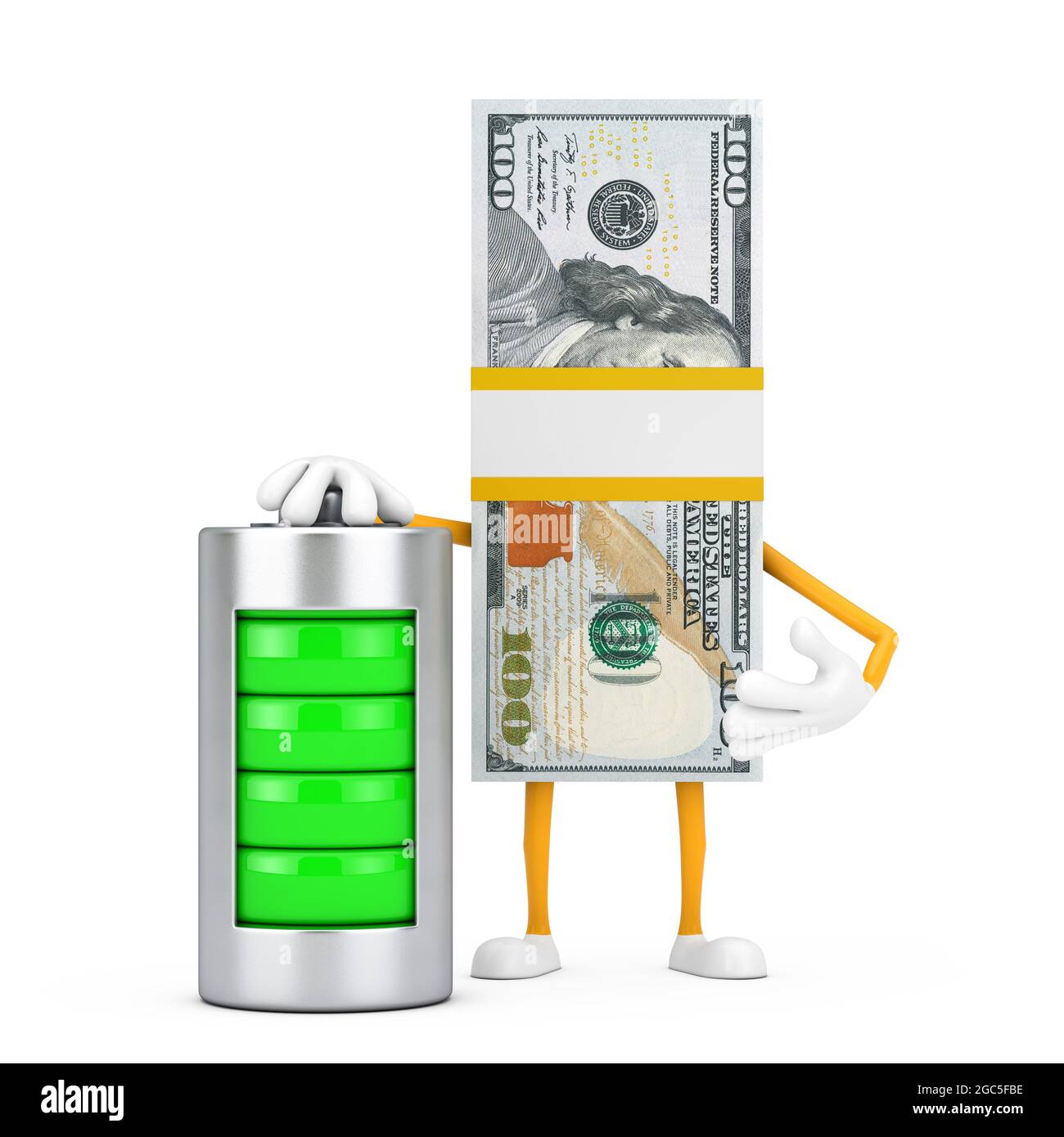 Stapel von hundert Dollar-Rechnungen Person Charakter Maskottchen mit abstrakter Ladebatterie auf weißem Hintergrund. 3d-Rendering Stockfoto