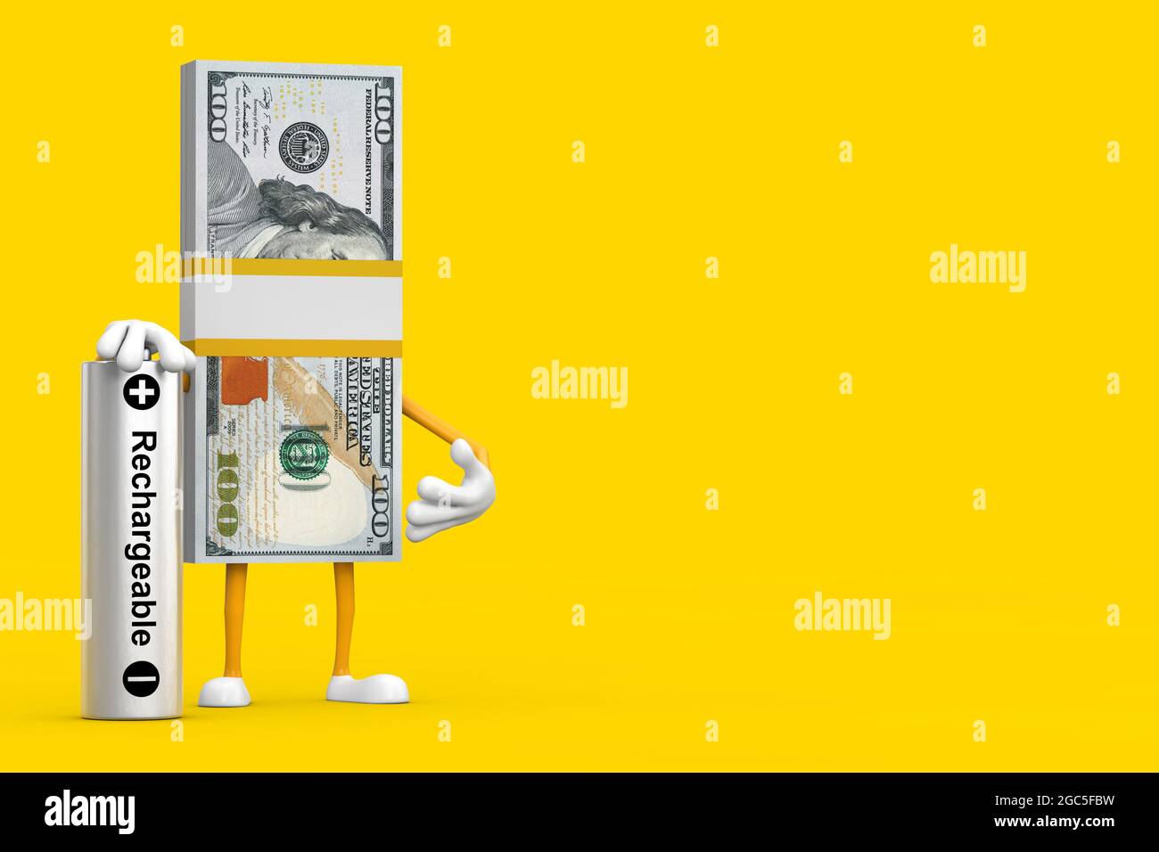 Stapel von hundert Dollar Rechnungen Person Charakter Maskottchen mit wiederaufladbarer Batterie auf einem gelben Hintergrund. 3d-Rendering Stockfoto
