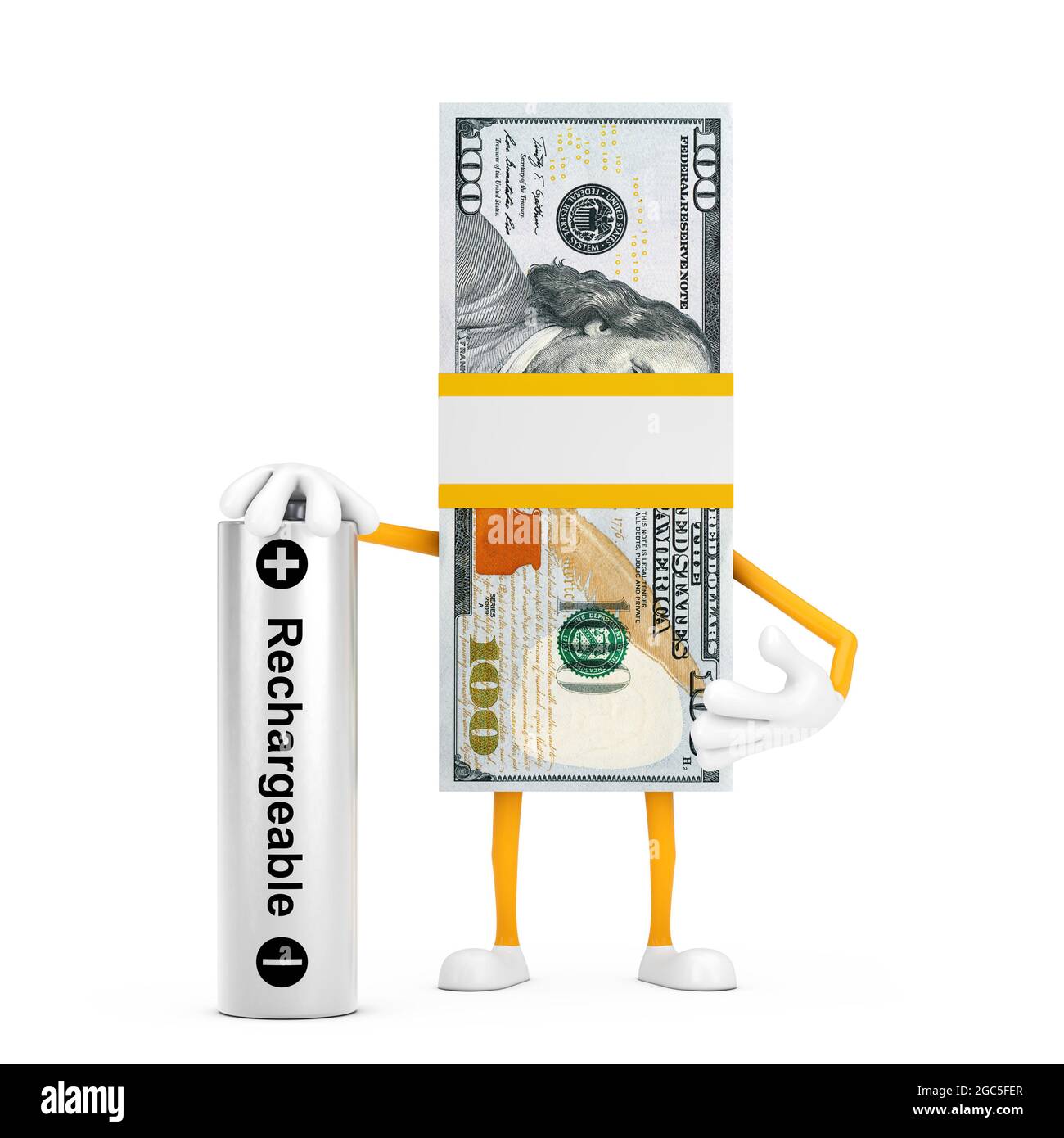 Stapel von hundert Dollar Rechnungen Person Charakter Maskottchen mit wiederaufladbarer Batterie auf weißem Hintergrund. 3d-Rendering Stockfoto