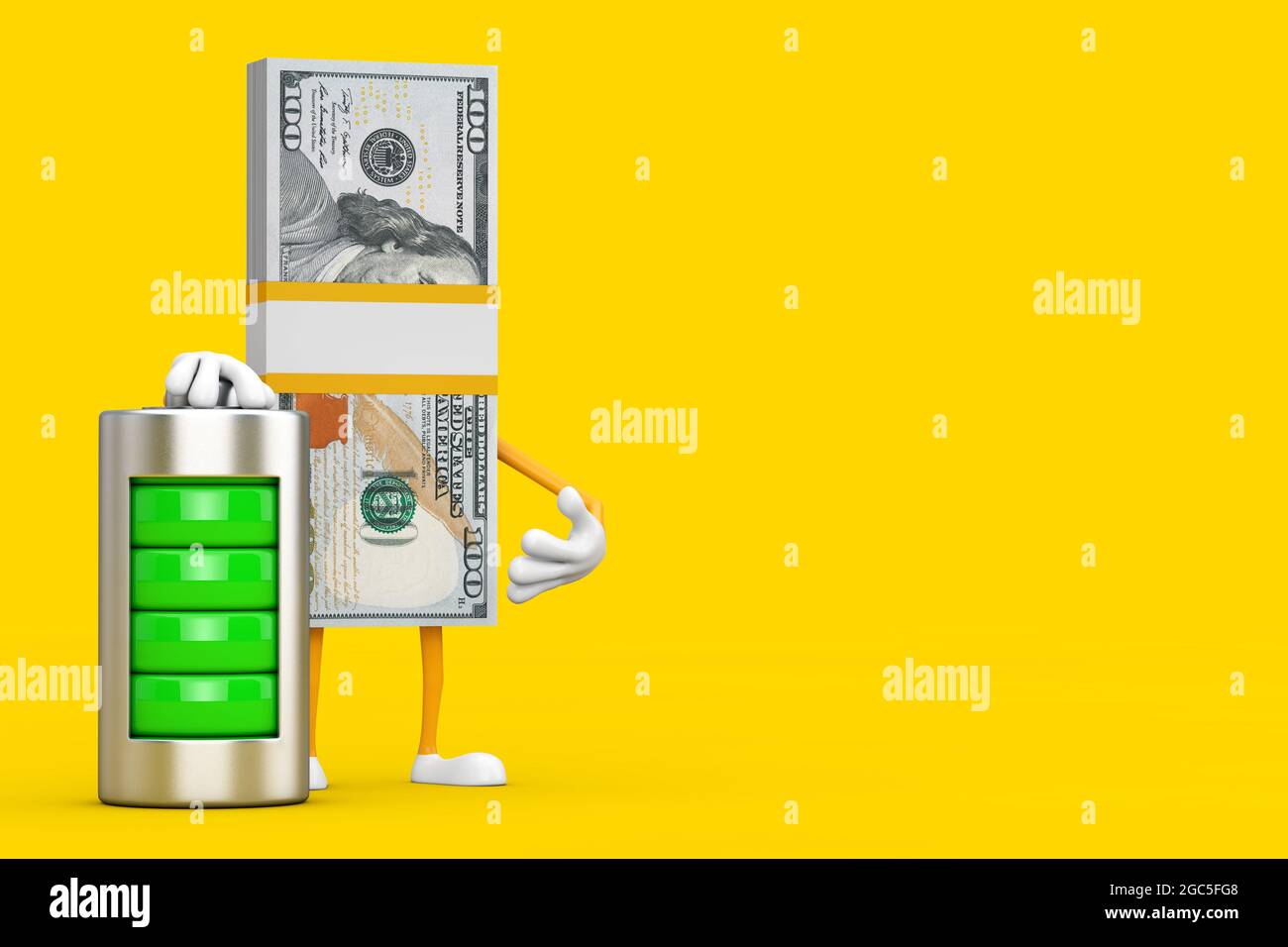 Stapel von hundert Dollar-Rechnungen Person Charakter Maskottchen mit abstrakter Ladebatterie auf einem gelben Hintergrund. 3d-Rendering Stockfoto