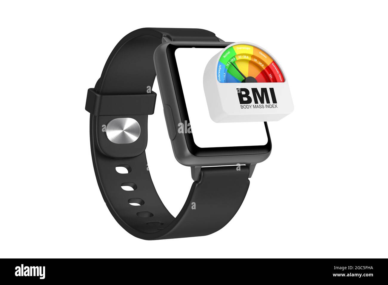 Schwarzes modernes Smart Watch Mockup und Armband mit BMI- oder Body Mass Index-Skala Ziffernblatt Gage-Symbol auf weißem Hintergrund. 3d-Rendering Stockfoto