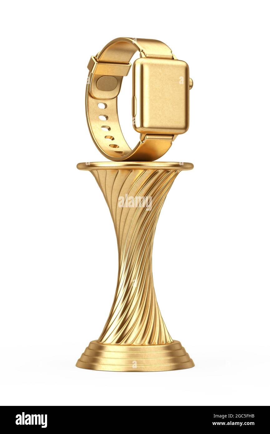 Golden Award Trophy Modern Smart Watch Mockup mit Armband auf weißem Hintergrund. 3d-Rendering Stockfoto