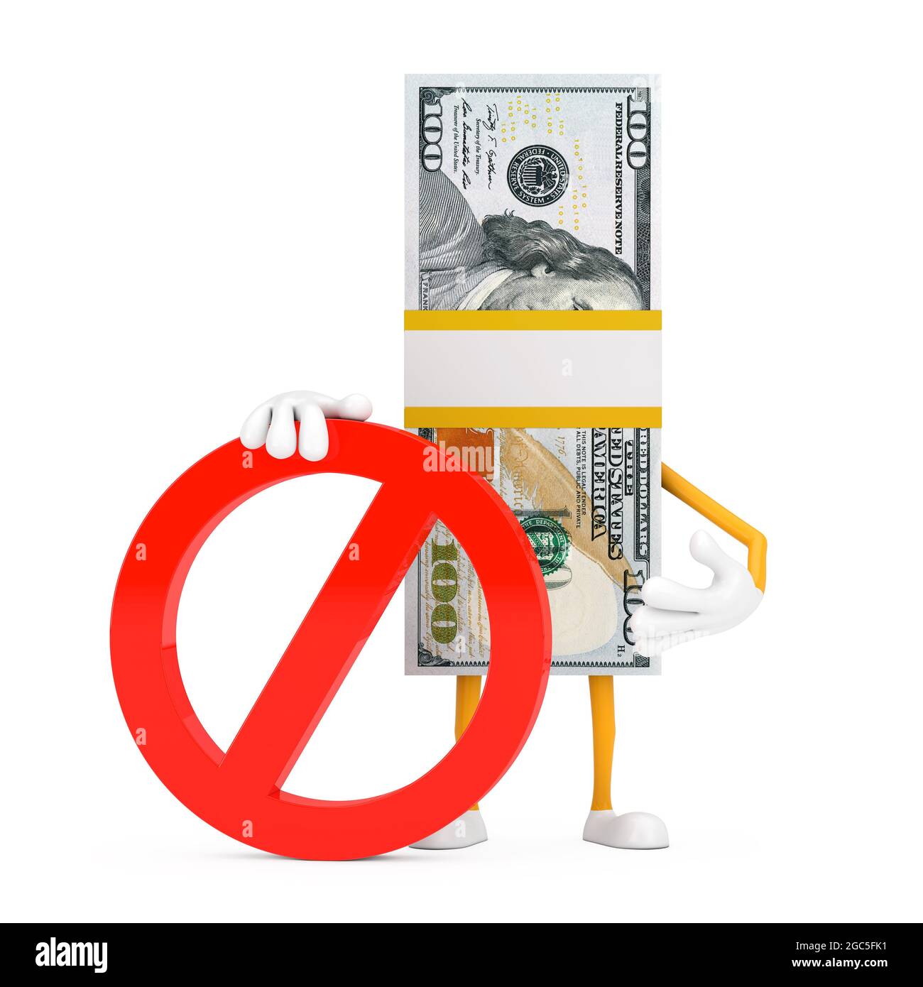 Stapel von hundert Dollar Scheinen Person Charakter Maskottchen mit rotem Verbot oder Verbotene Zeichen auf einem weißen Hintergrund. 3d-Rendering Stockfoto