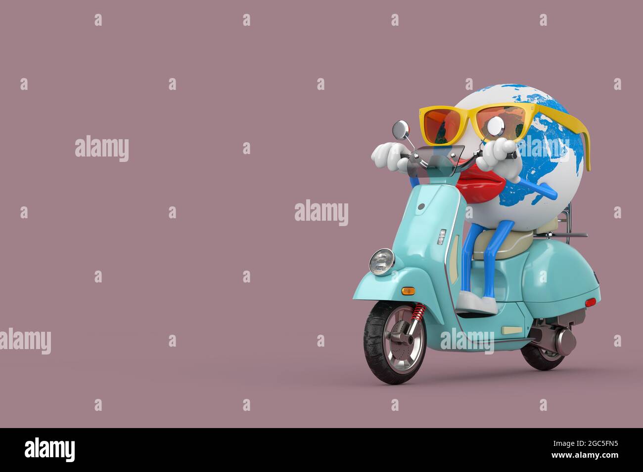 Fun Cartoon Fashion Hipster Schnitt Erde Globus Person Charakter Maskottchen Reiten Classic Vintage Retro oder Elektro-Scooter auf einem braunen Hintergrund. 3d-Renderi Stockfoto